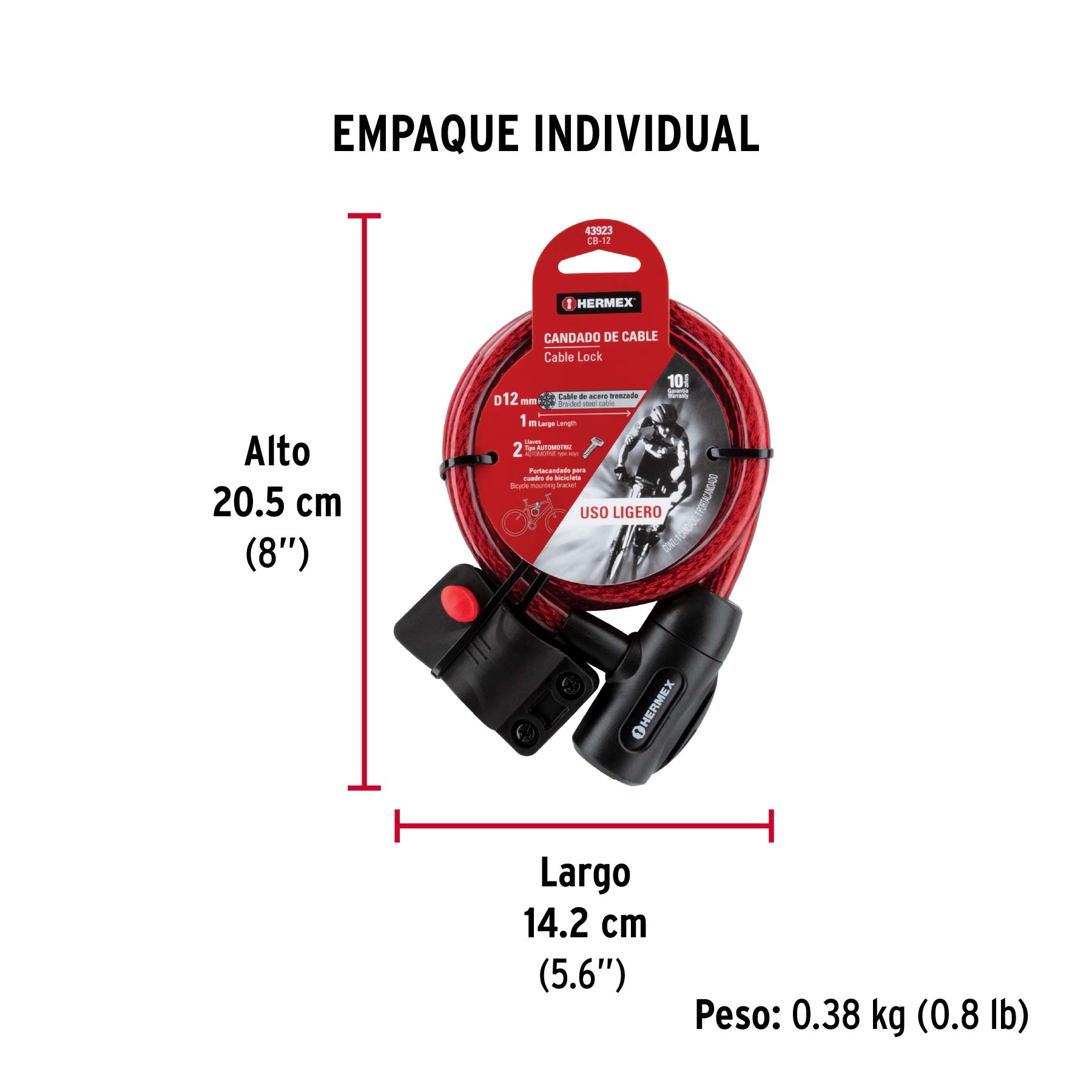 Candado de cable con llave, 12 mm X 1.0 m, HERMEX - Empaque