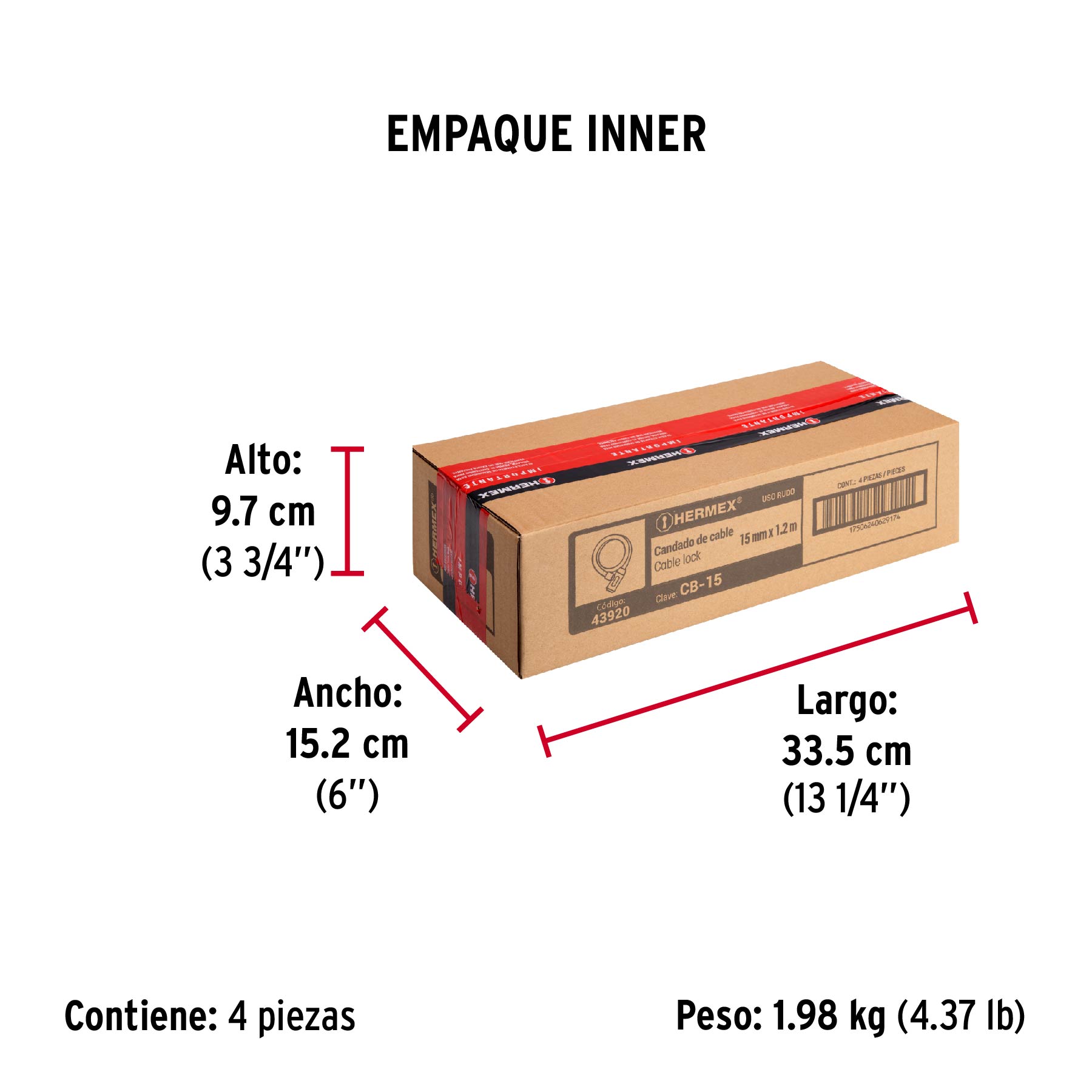 Candado de cable con llave, 15mm X 1.20 m, HERMEX - Empaque