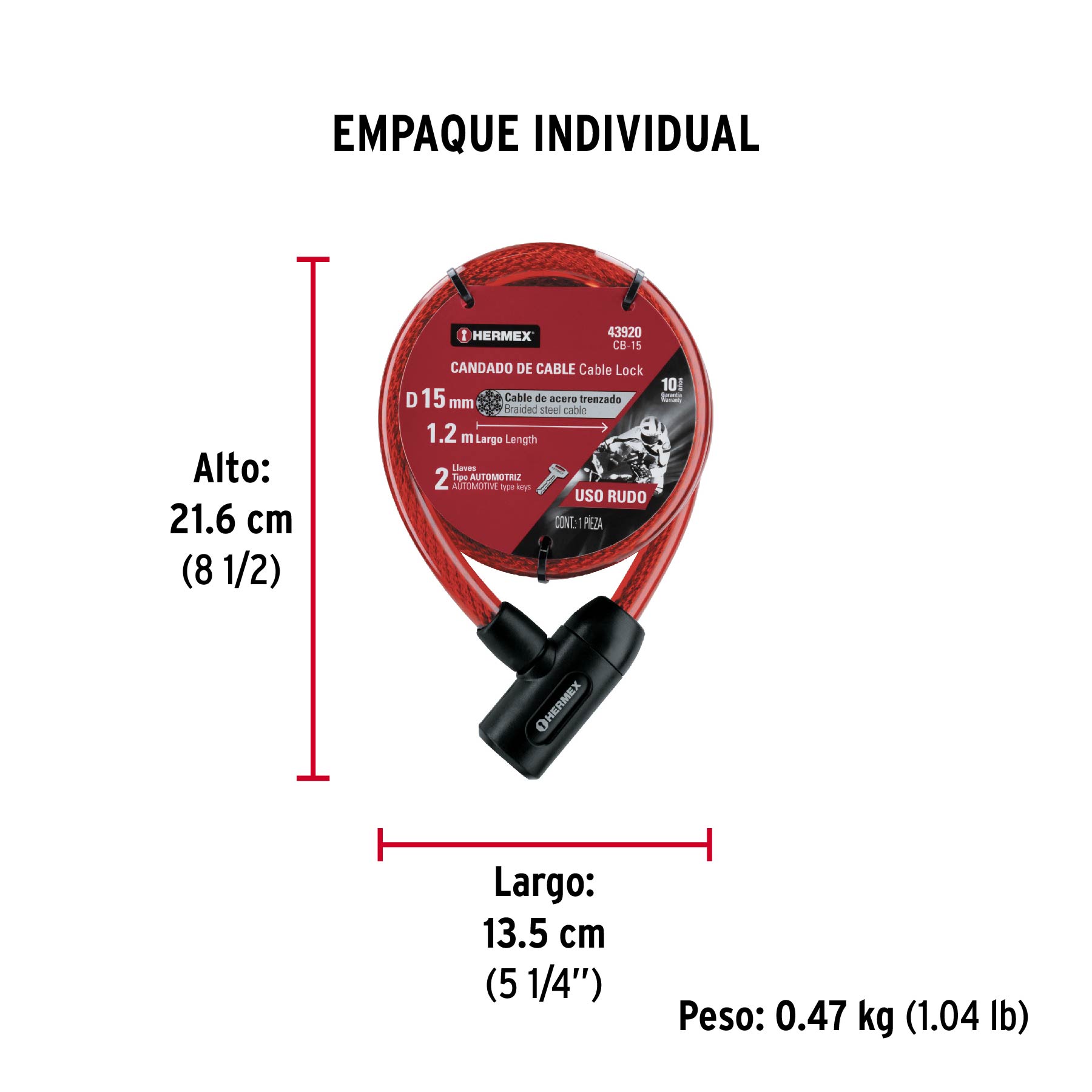 Candado de cable con llave, 15mm X 1.20 m, HERMEX - Empaque