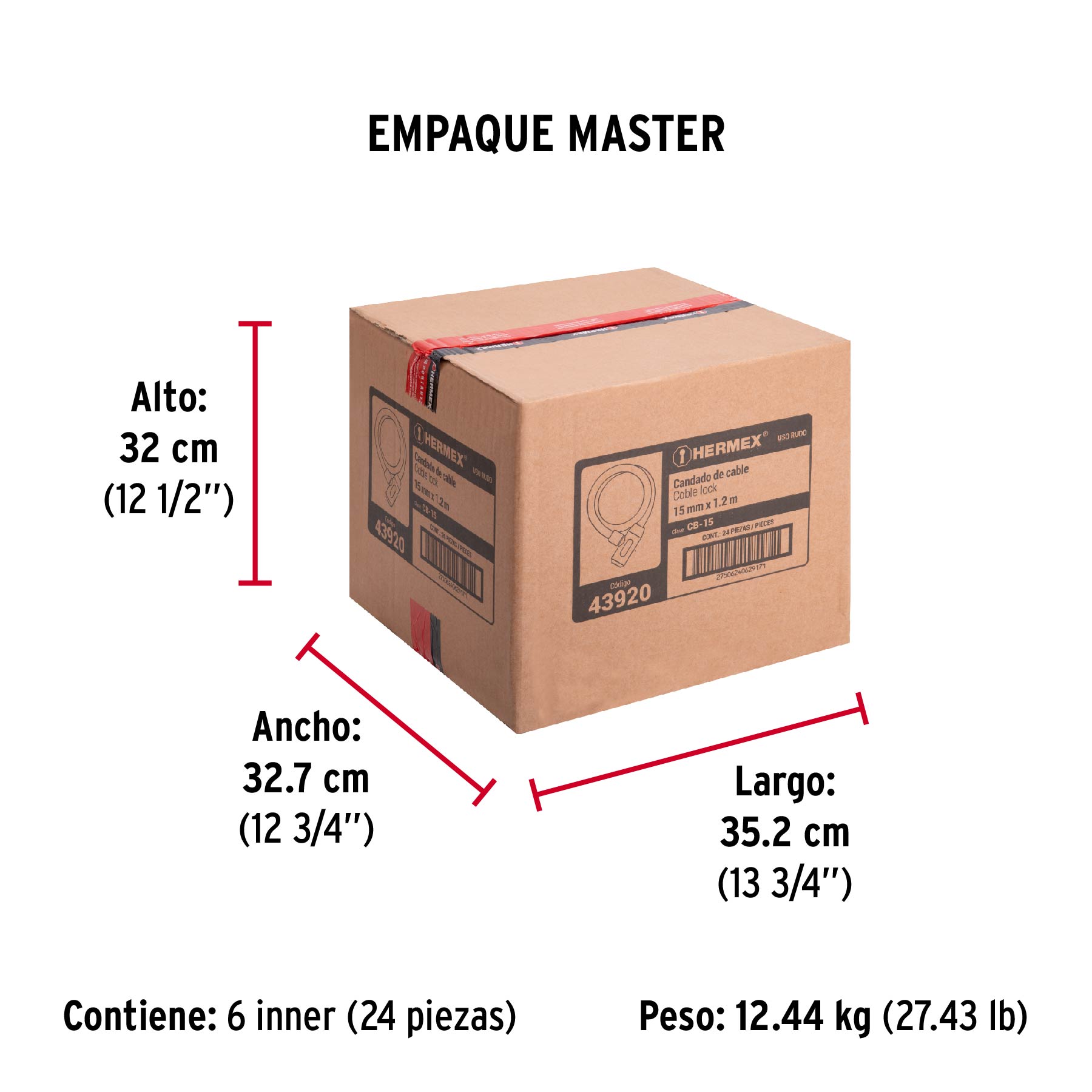 Candado de cable con llave, 15mm X 1.20 m, HERMEX - Empaque