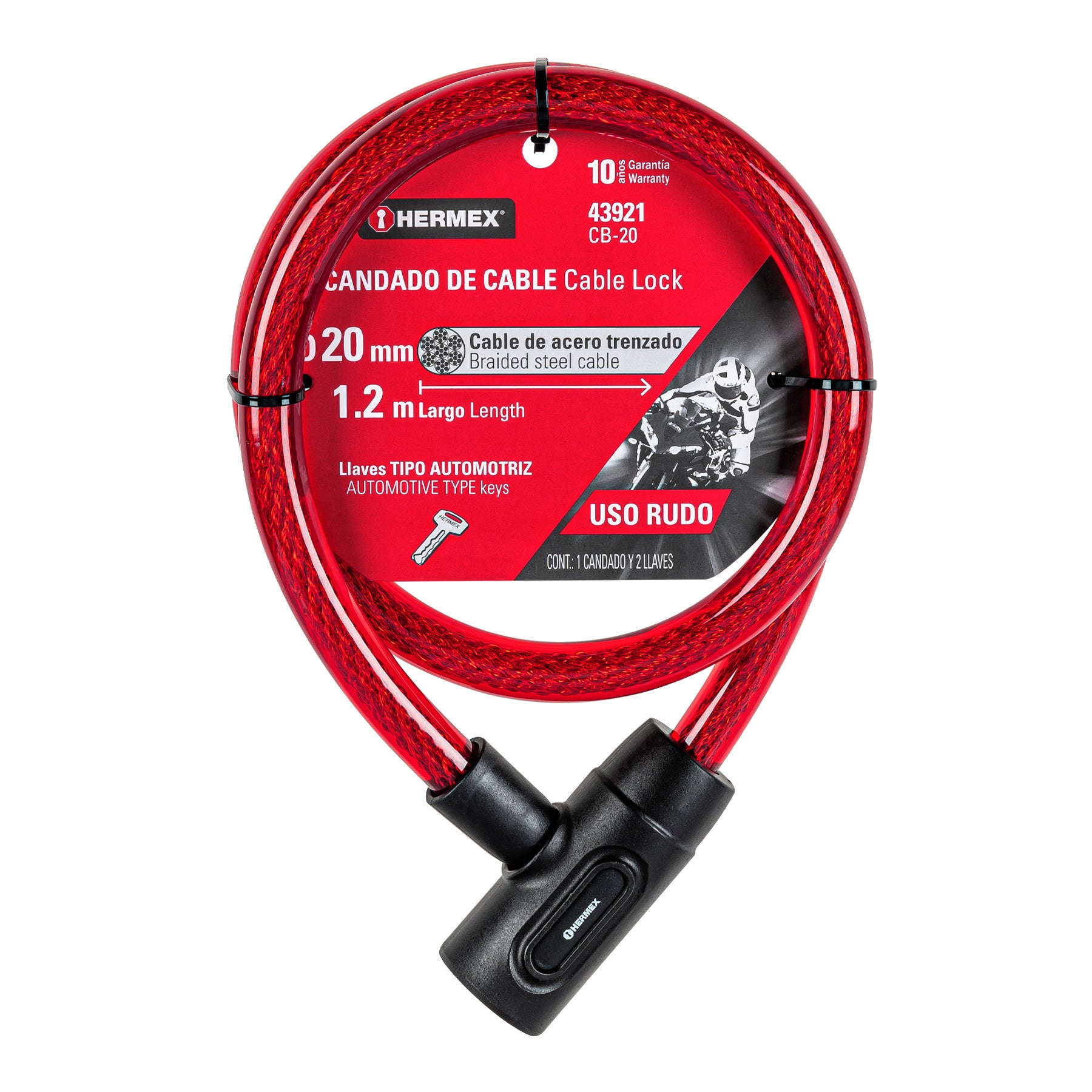 Candado de cable con llave, 20 mm X 1.20 m, HERMEX
