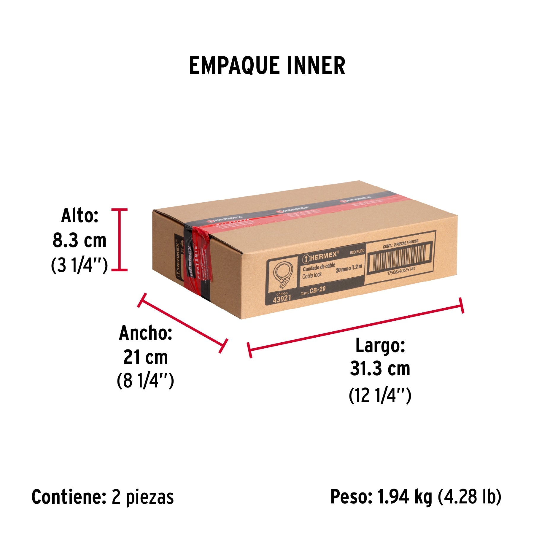 Candado de cable con llave, 20 mm X 1.20 m, HERMEX - Empaque