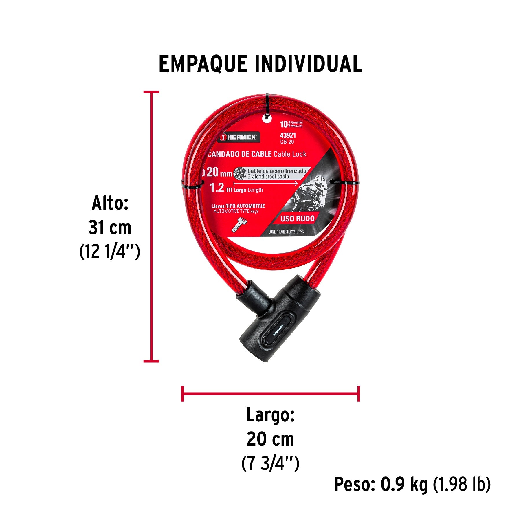 Candado de cable con llave, 20 mm X 1.20 m, HERMEX - Empaque