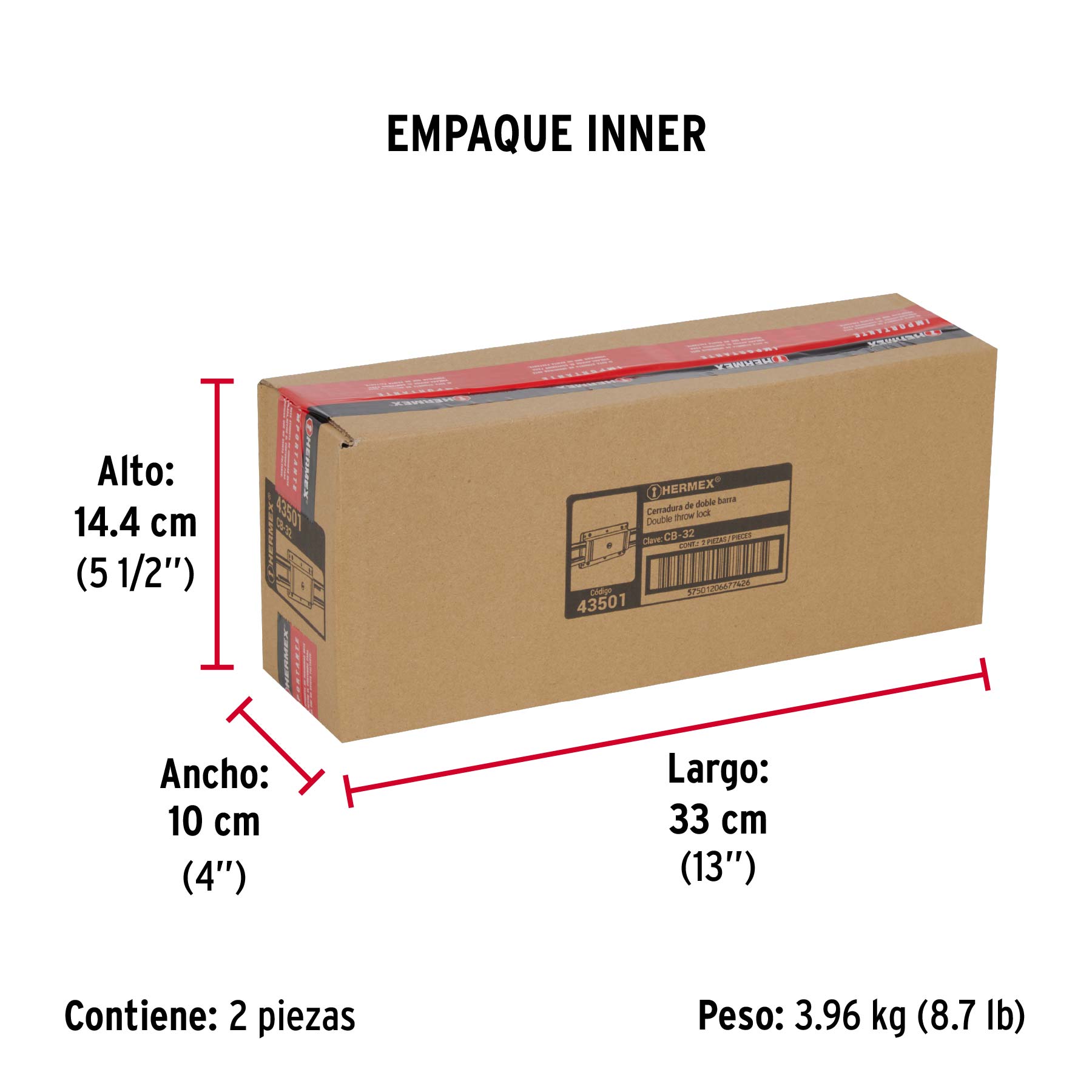 Cerradura doble barra, doble cerrojo, HERMEX - Empaque