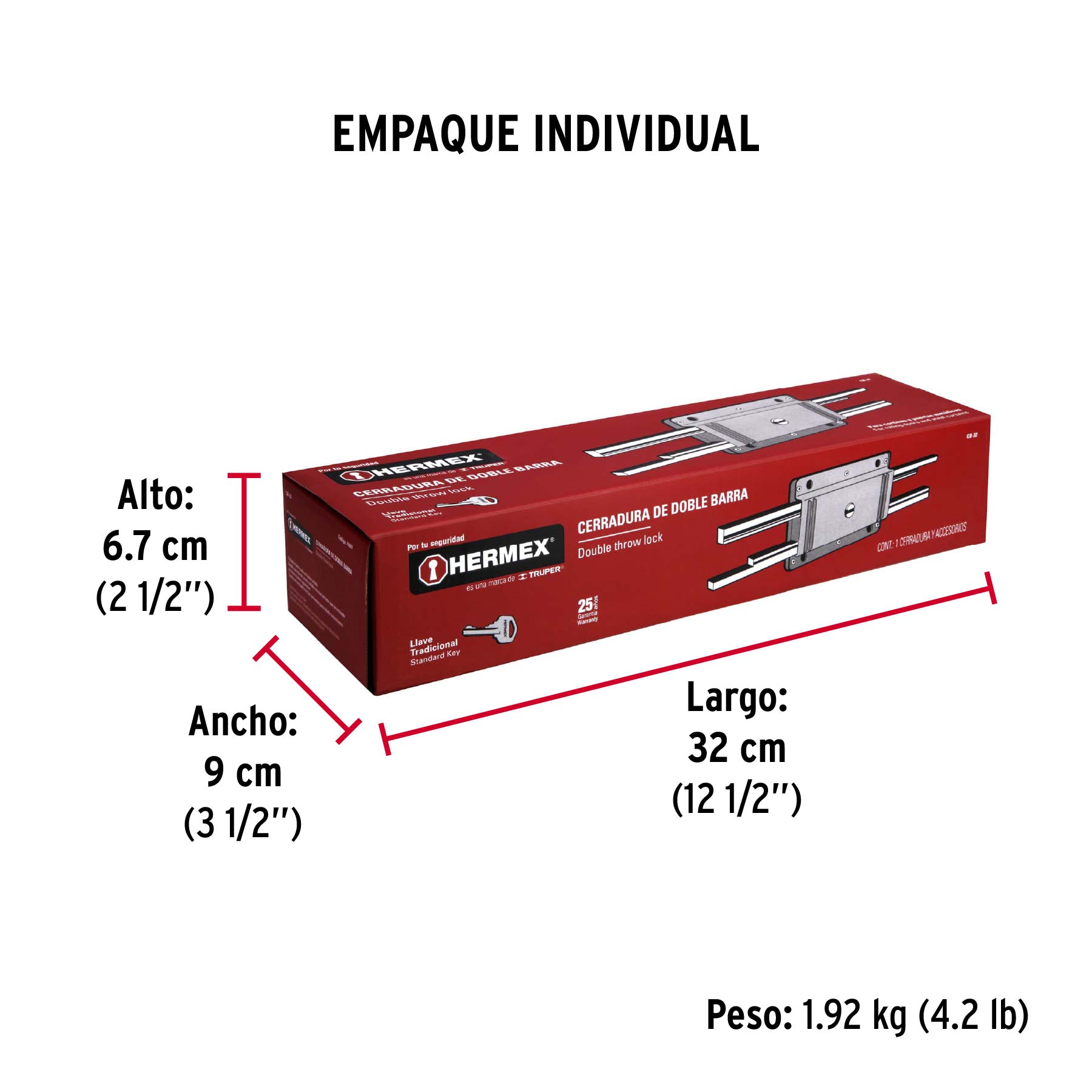Cerradura doble barra, doble cerrojo, HERMEX - Empaque