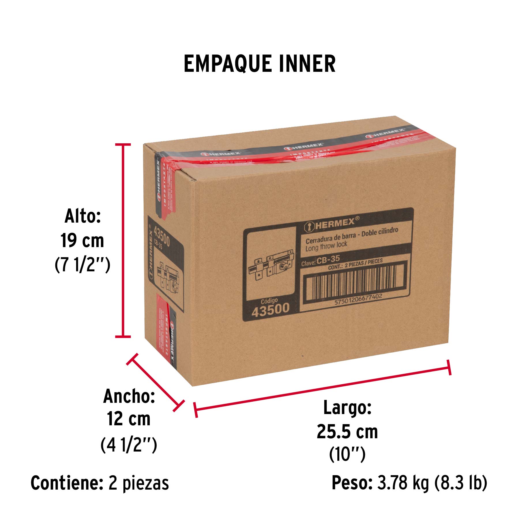 Cerradura de barra libre con 2 llaves estándar, HERMEX - Empaque