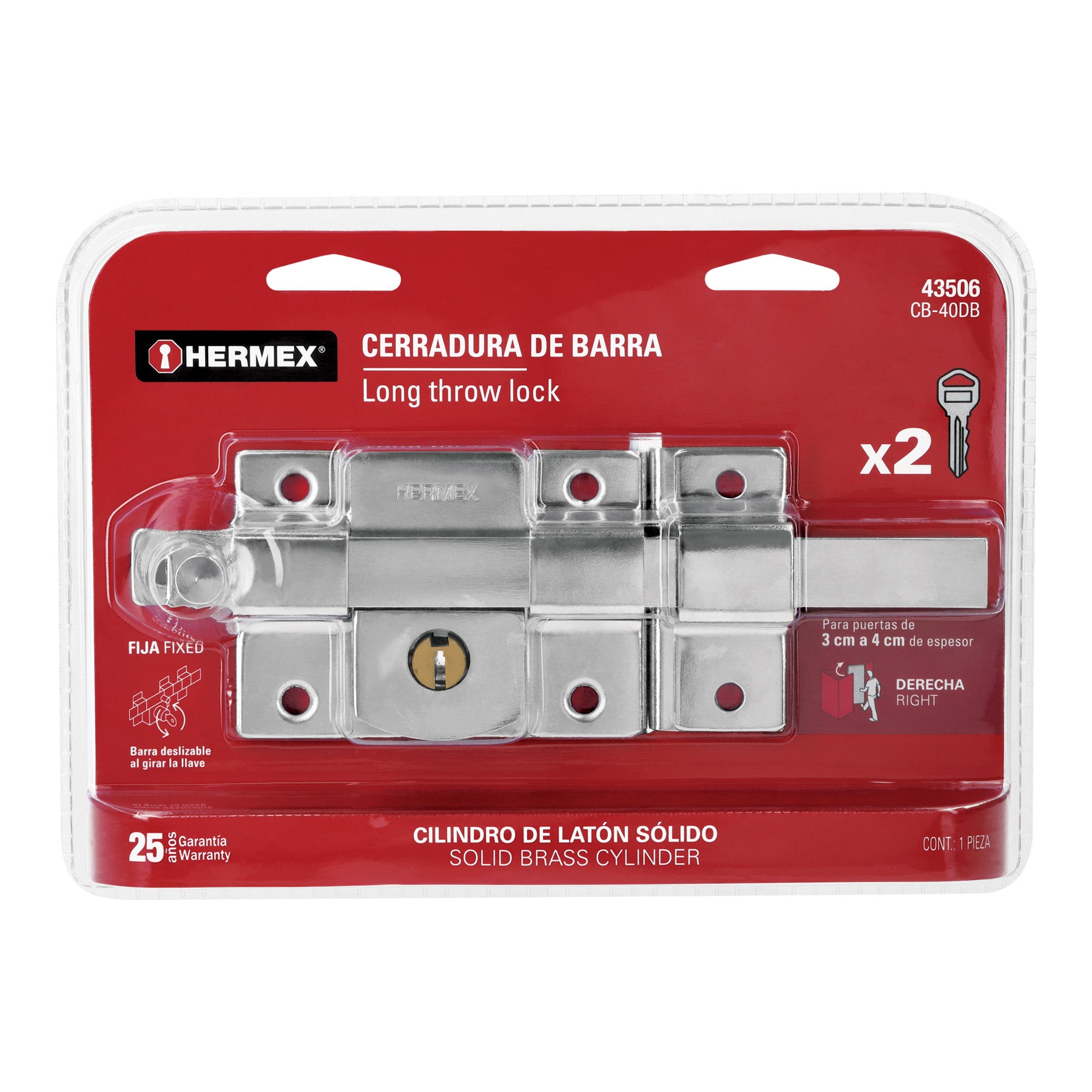 Cerradura de barra fija, derecha, blíster, HERMEX