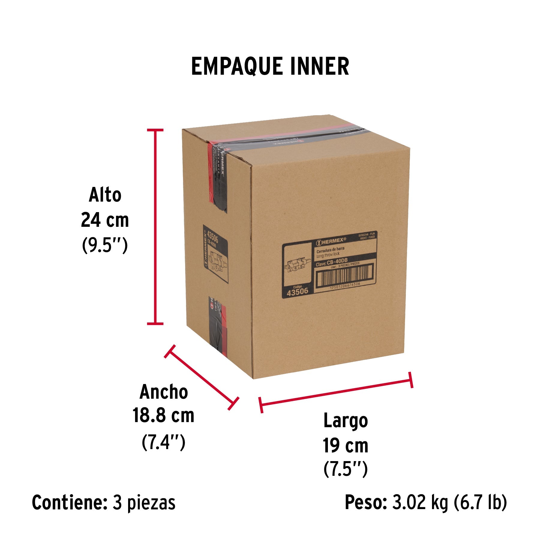 Cerradura de barra fija, derecha, blíster, HERMEX - Empaque