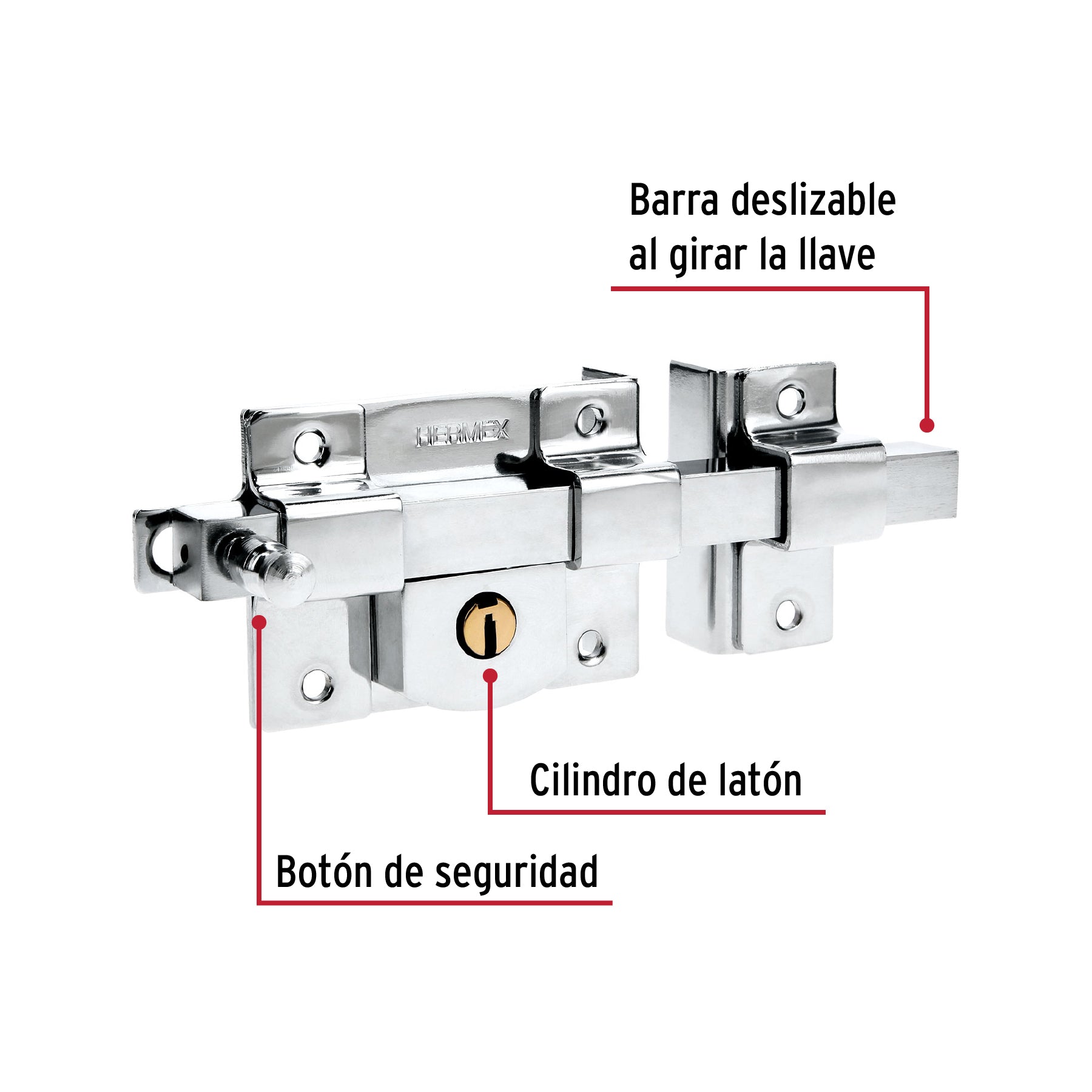 Cerradura de barra fija, derecha, blíster, HERMEX
