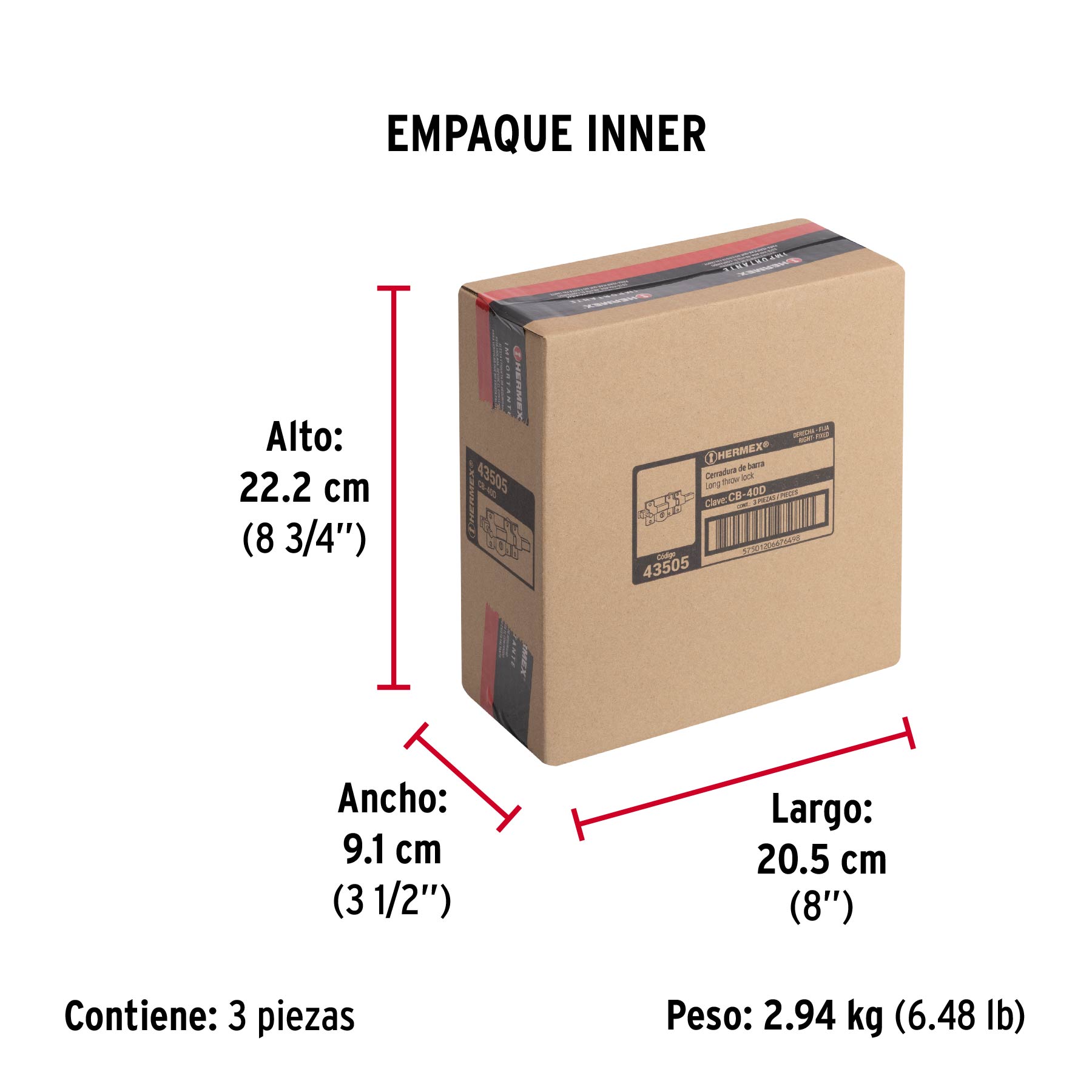 Cerradura de barra fija, derecha, HERMEX - Empaque