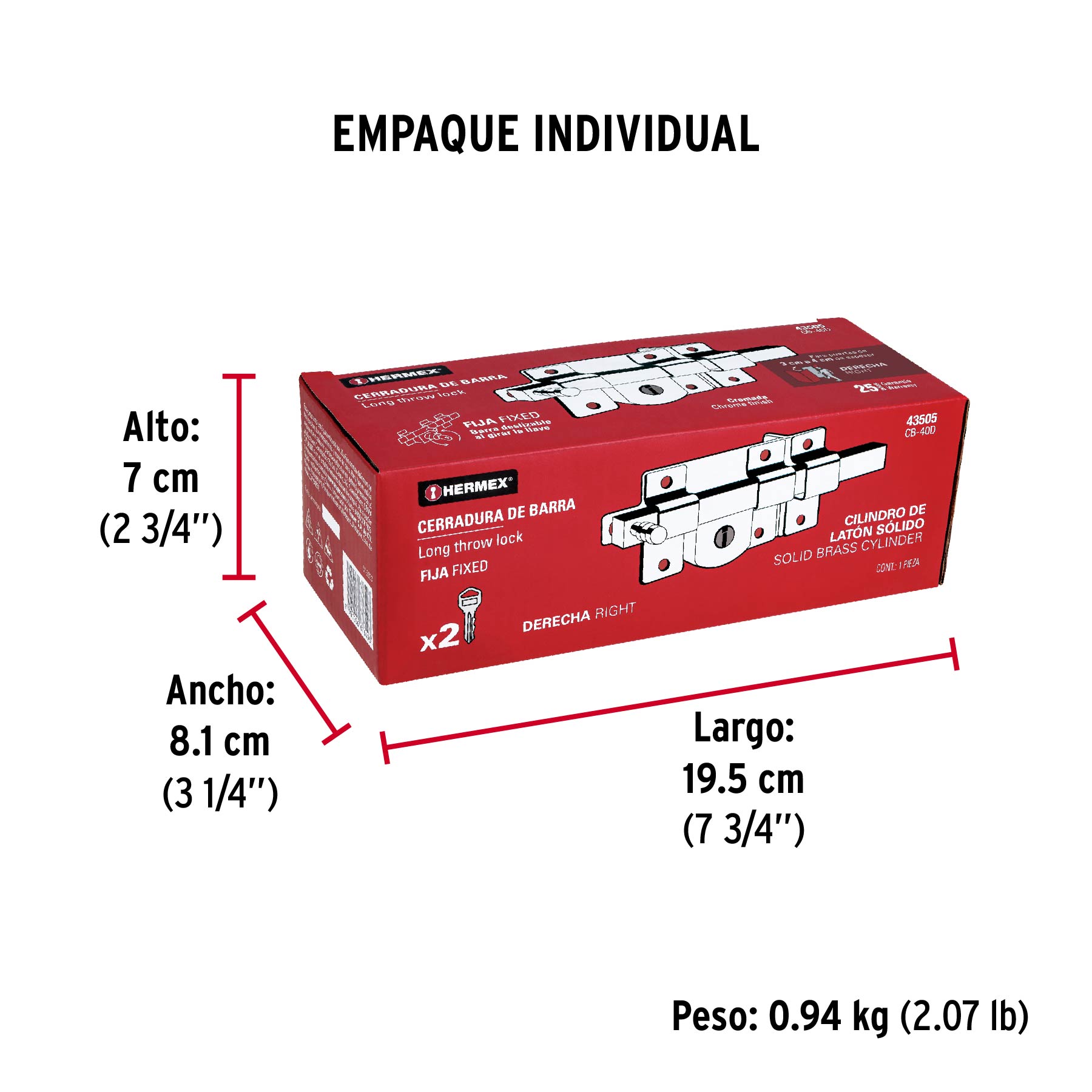 Cerradura de barra fija, derecha, HERMEX - Empaque