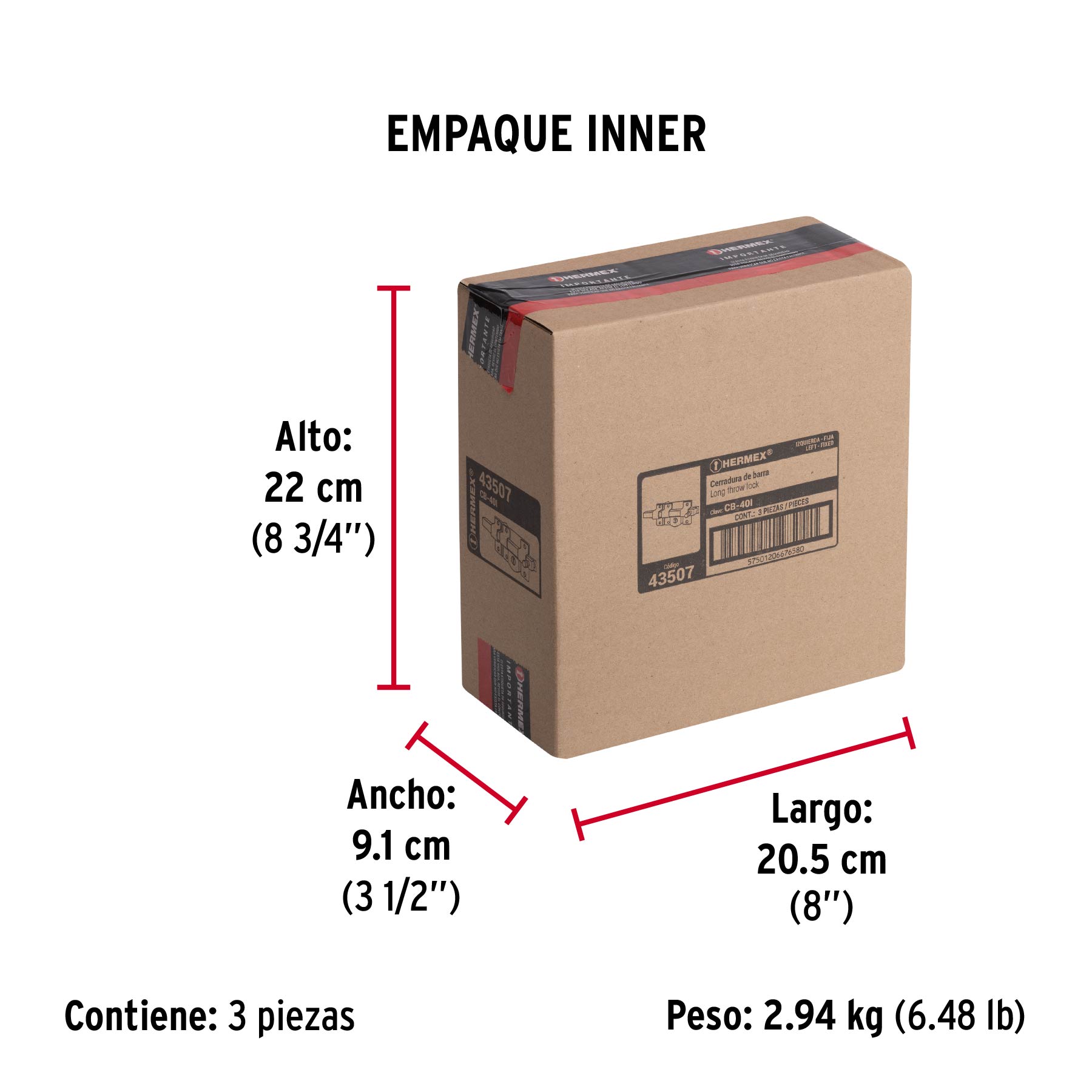 Cerradura de barra fija, izquierda, HERMEX - Empaque