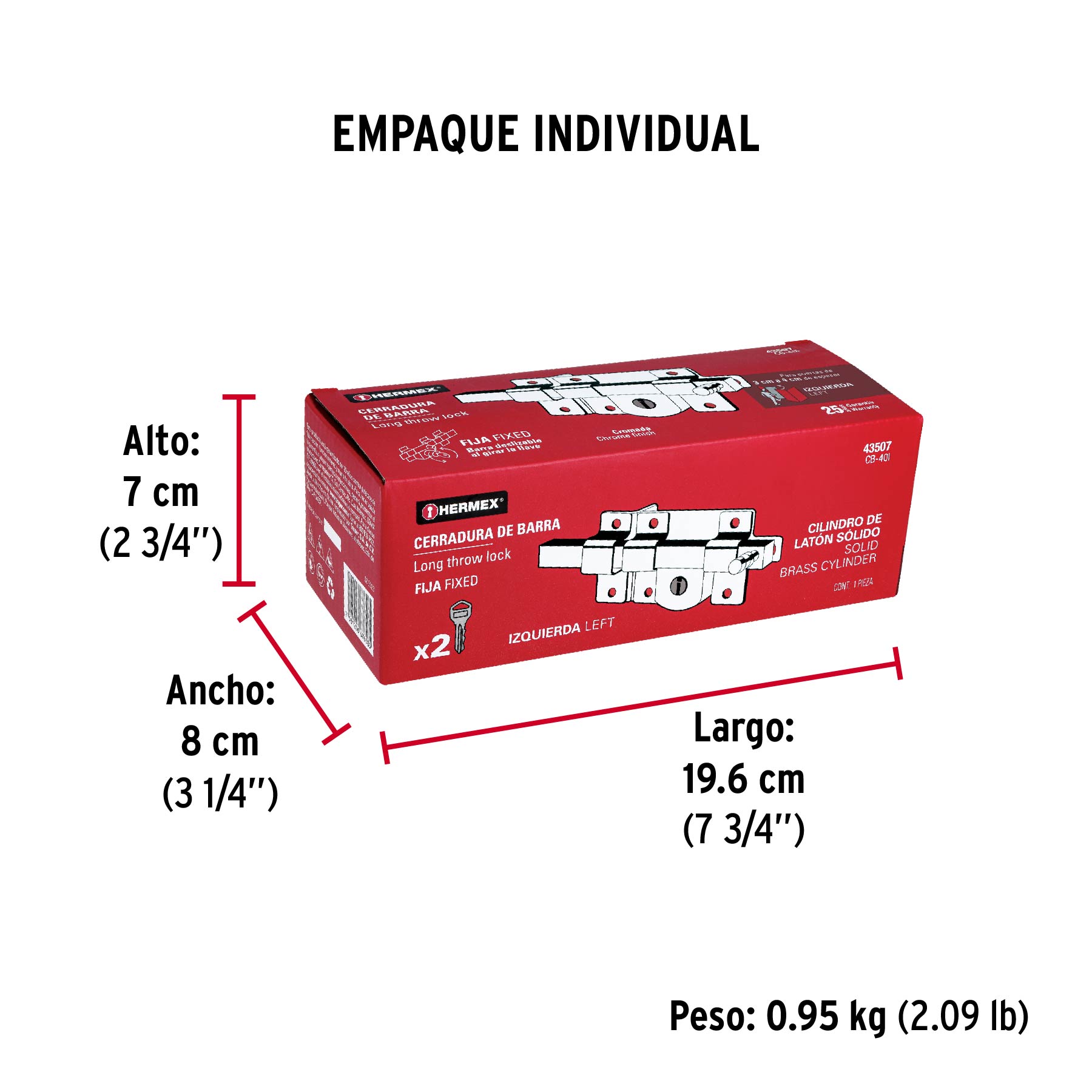Cerradura de barra fija, izquierda, HERMEX - Empaque