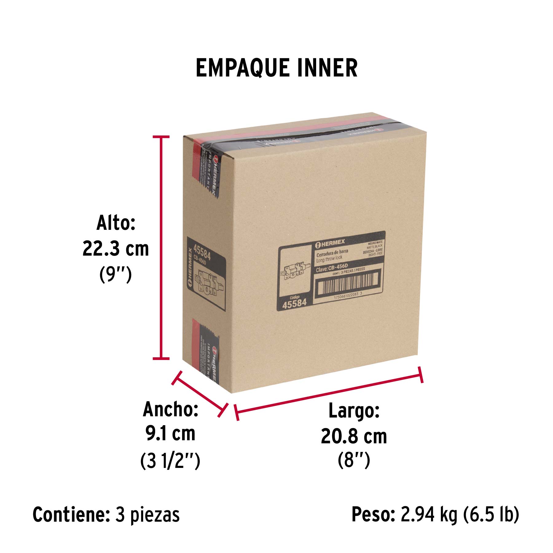 Cerradura de barra libre, derecha, negra, HERMEX - Empaque