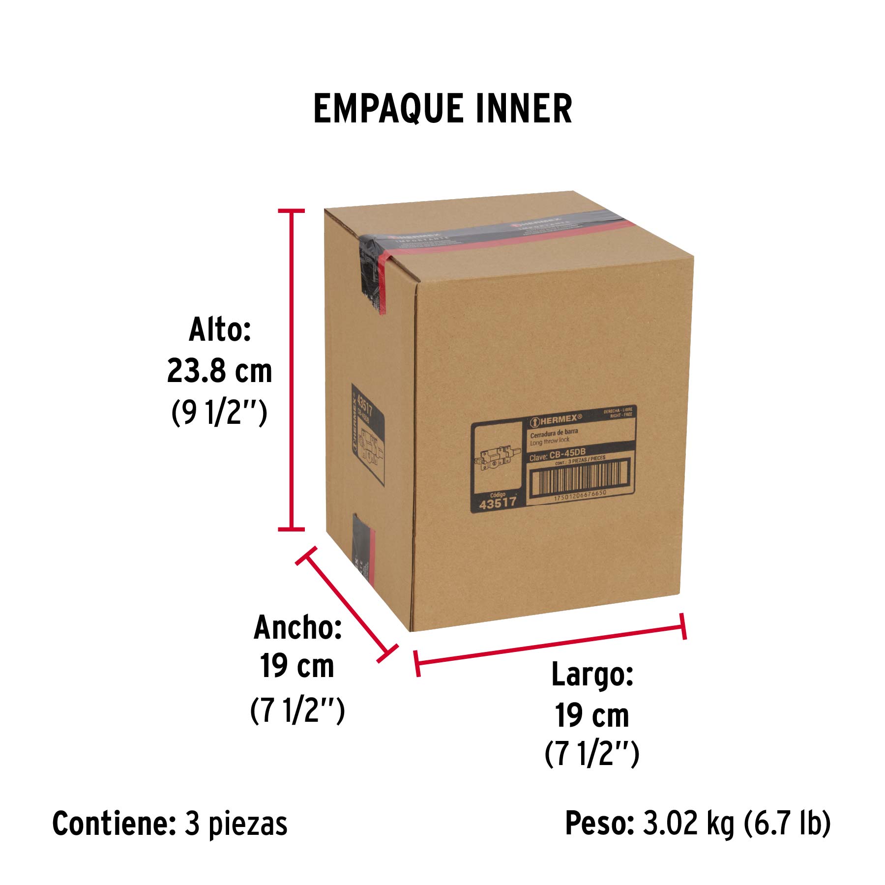 Cerradura de barra libre, derecha, blíster, HERMEX - Empaque