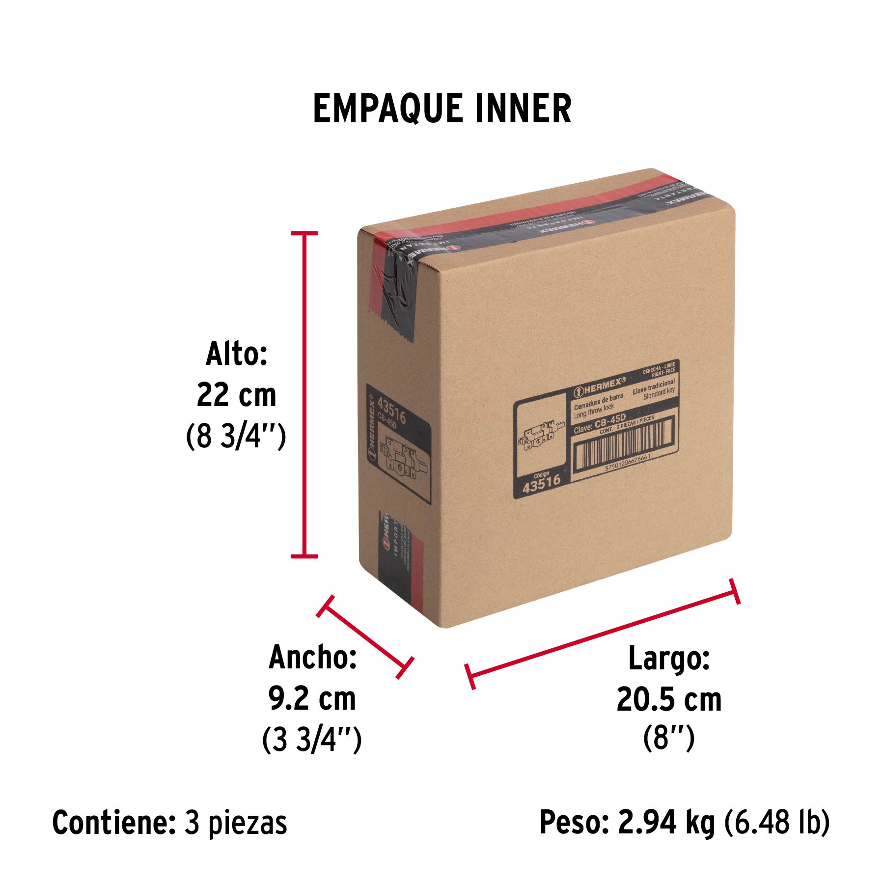 Cerradura de barra libre, derecha, HERMEX - Empaque