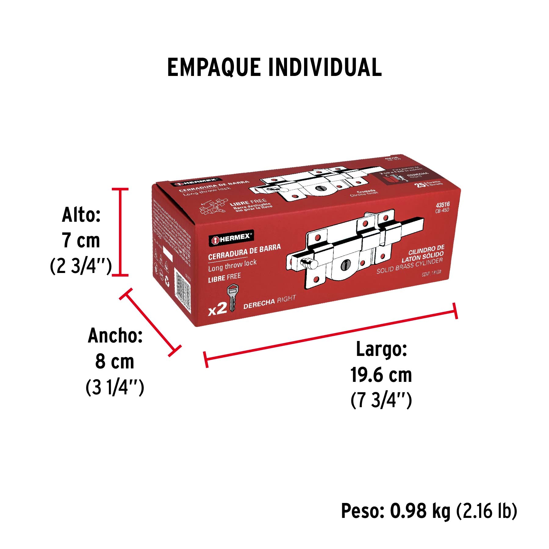 Cerradura de barra libre, derecha, HERMEX - Empaque
