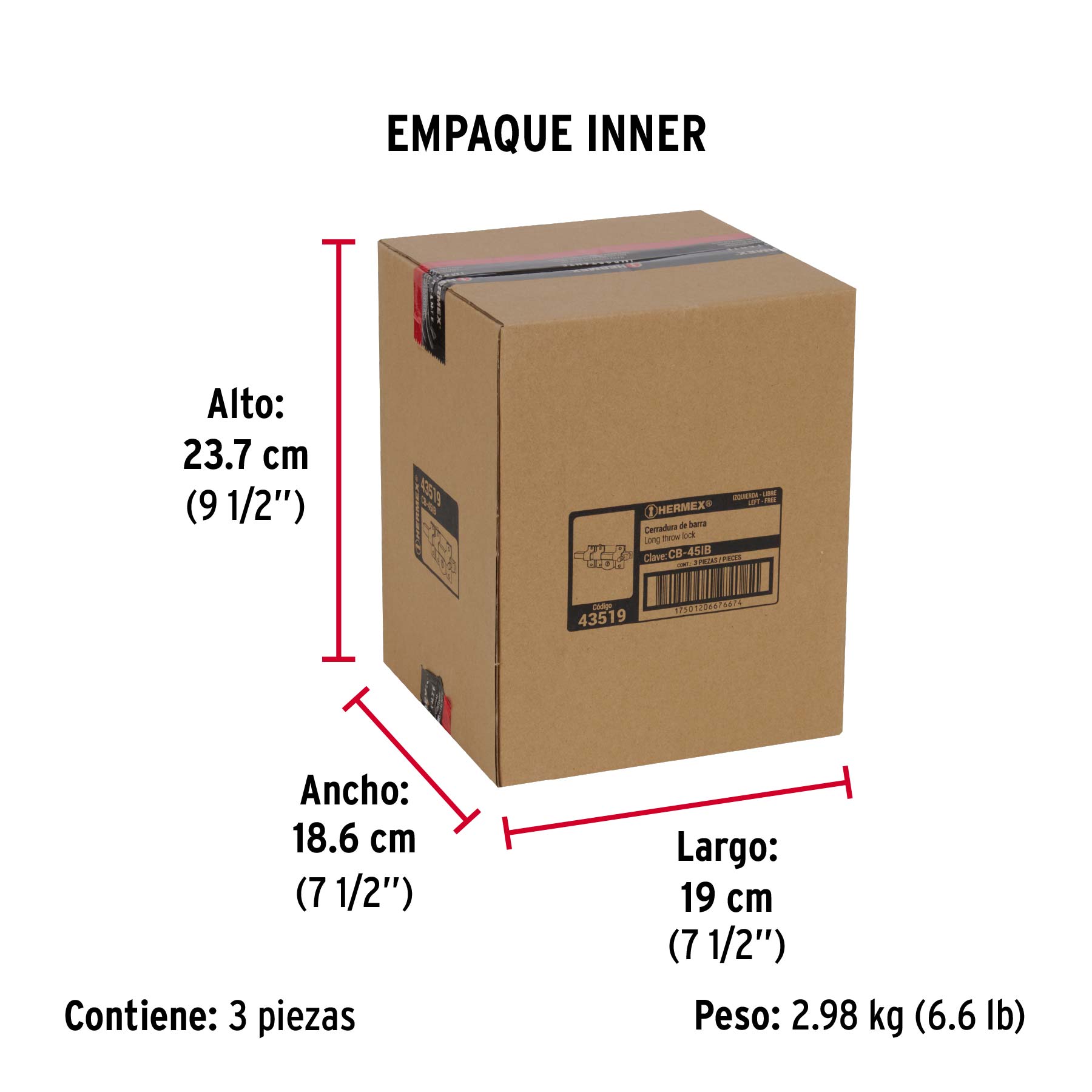 Cerradura de barra libre, izquierda, blíster, HERMEX - Empaque