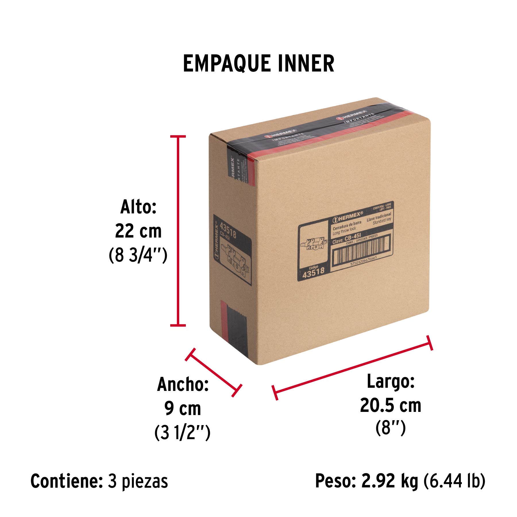 Cerradura de barra libre, izquierda, HERMEX - Empaque