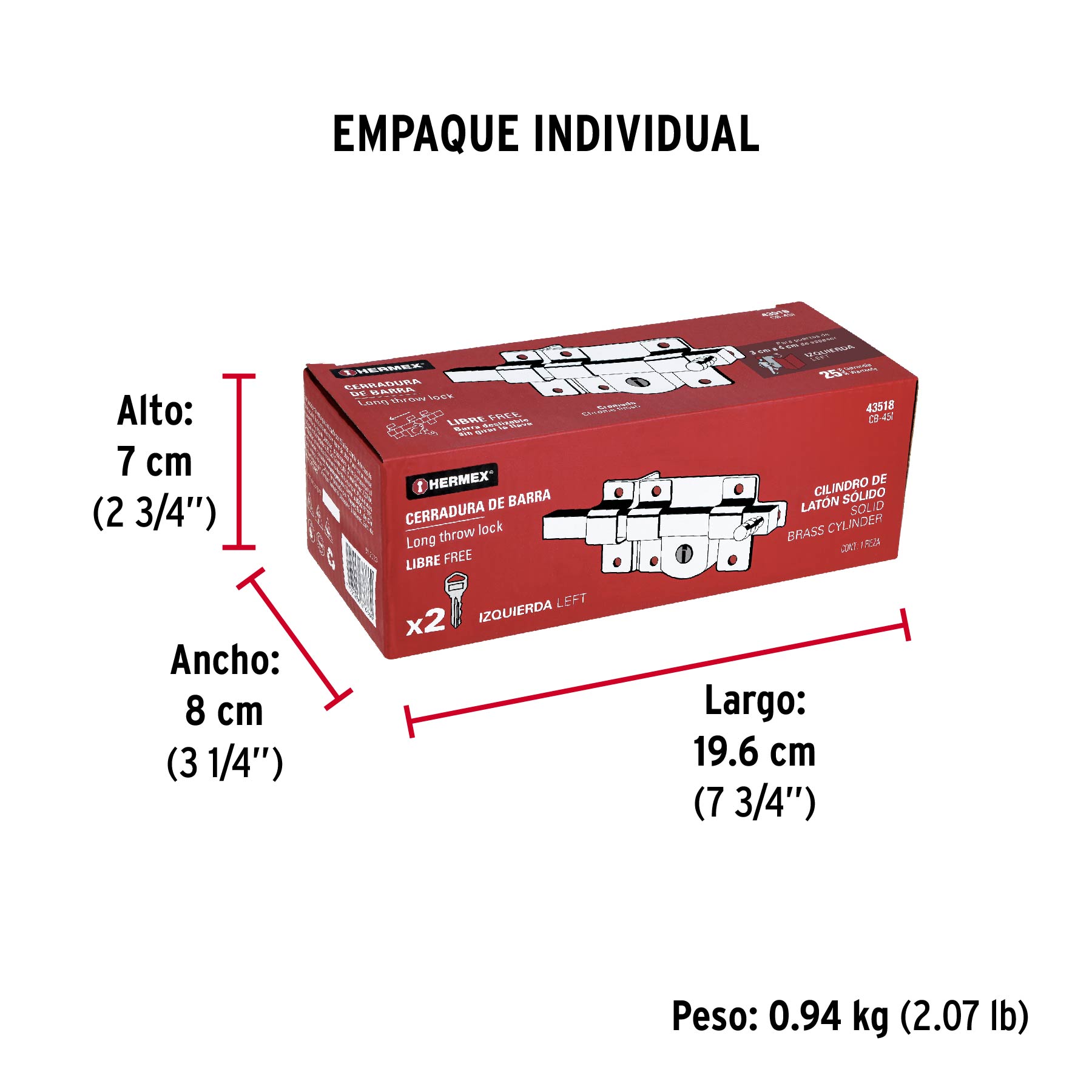 Cerradura de barra libre, izquierda, HERMEX - Empaque
