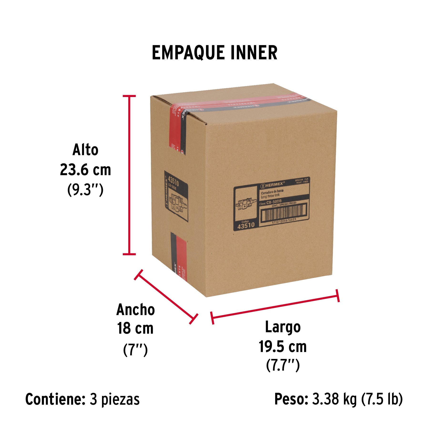 Cerradura de barra fija, llave tetra, derecha, blíster - Empaque