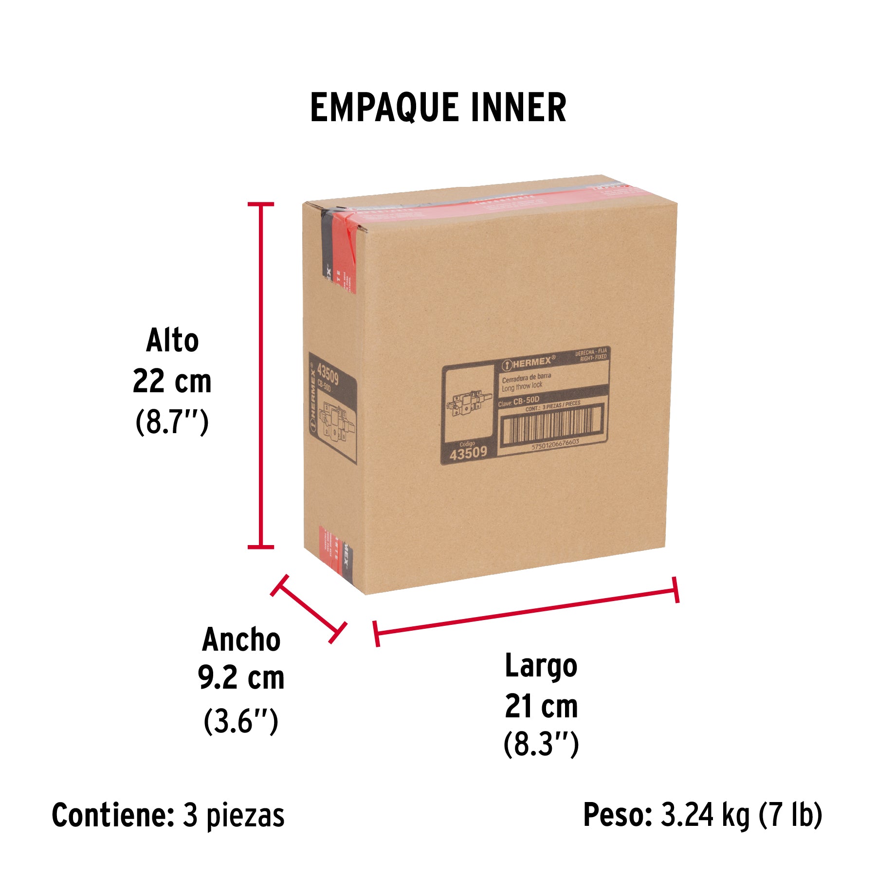 Cerradura de barra fija, llave tetra, derecha, HERMEX - Empaque