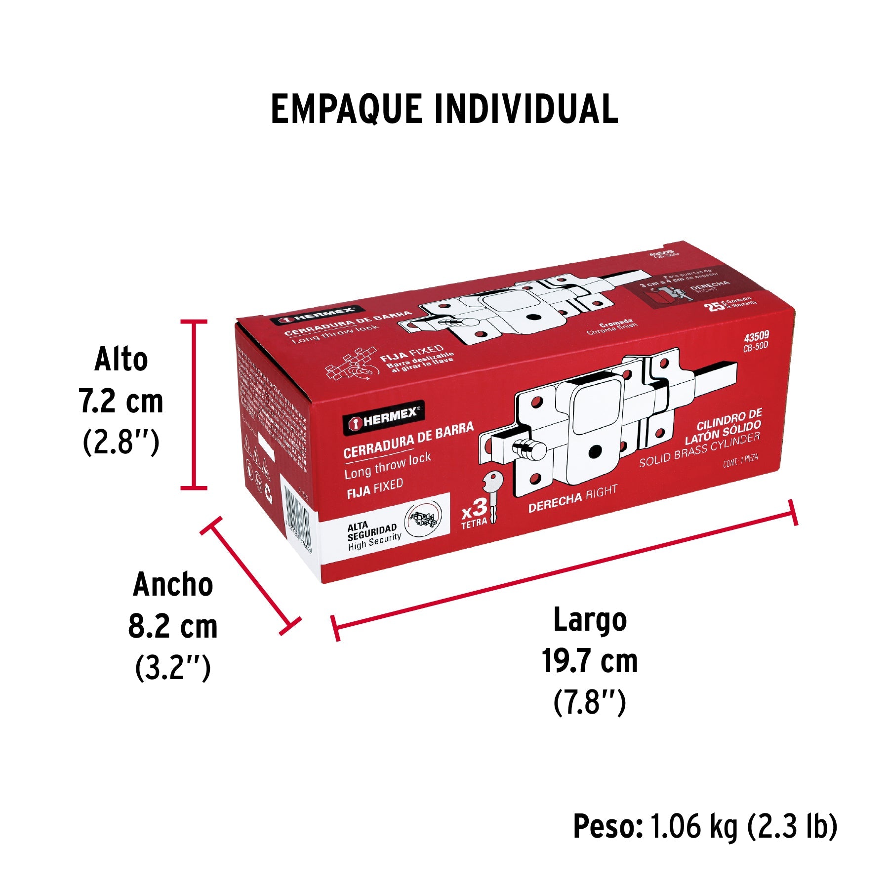 Cerradura de barra fija, llave tetra, derecha, HERMEX - Empaque