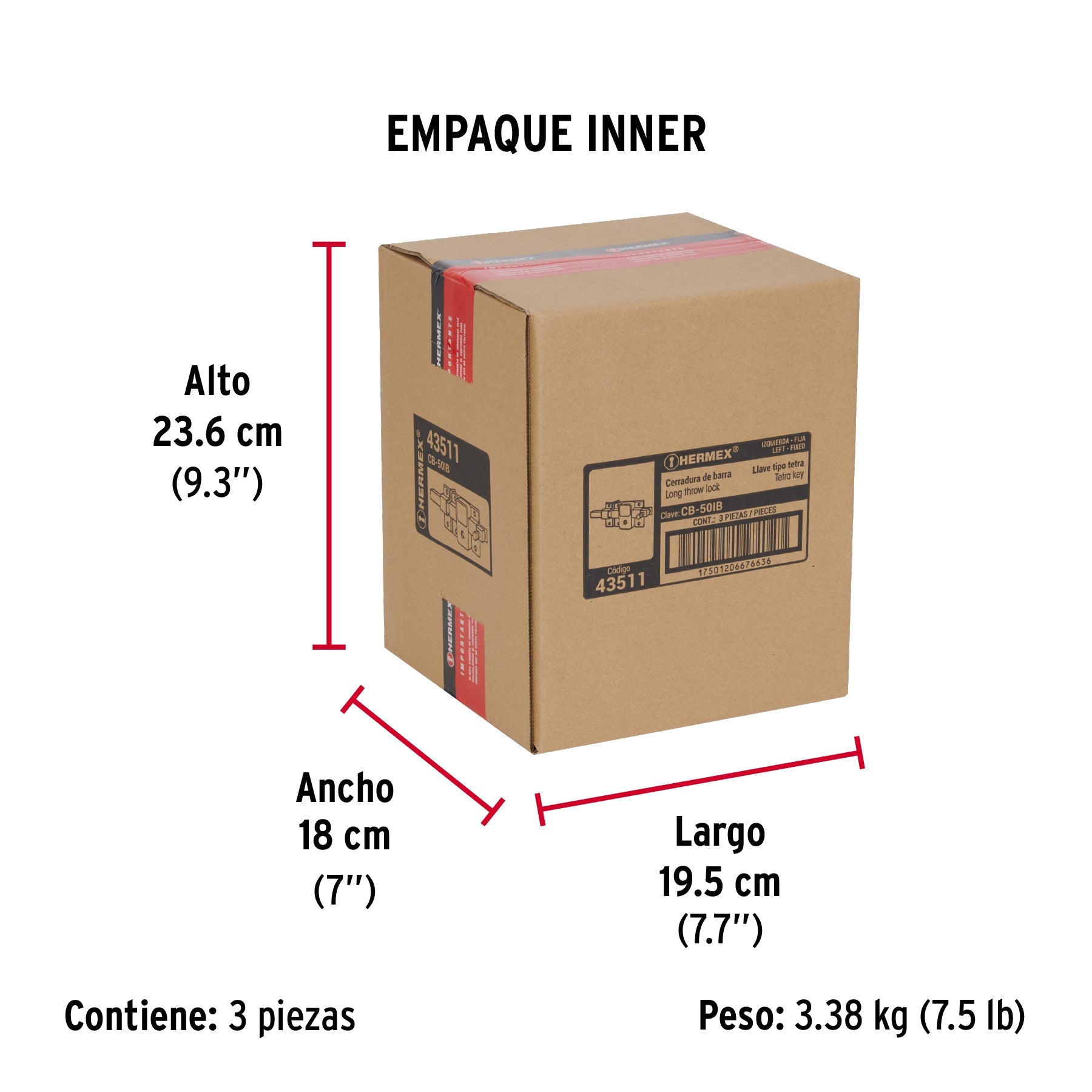 Cerradura de barra fija, llave tetra, izquierda, blíster - Empaque