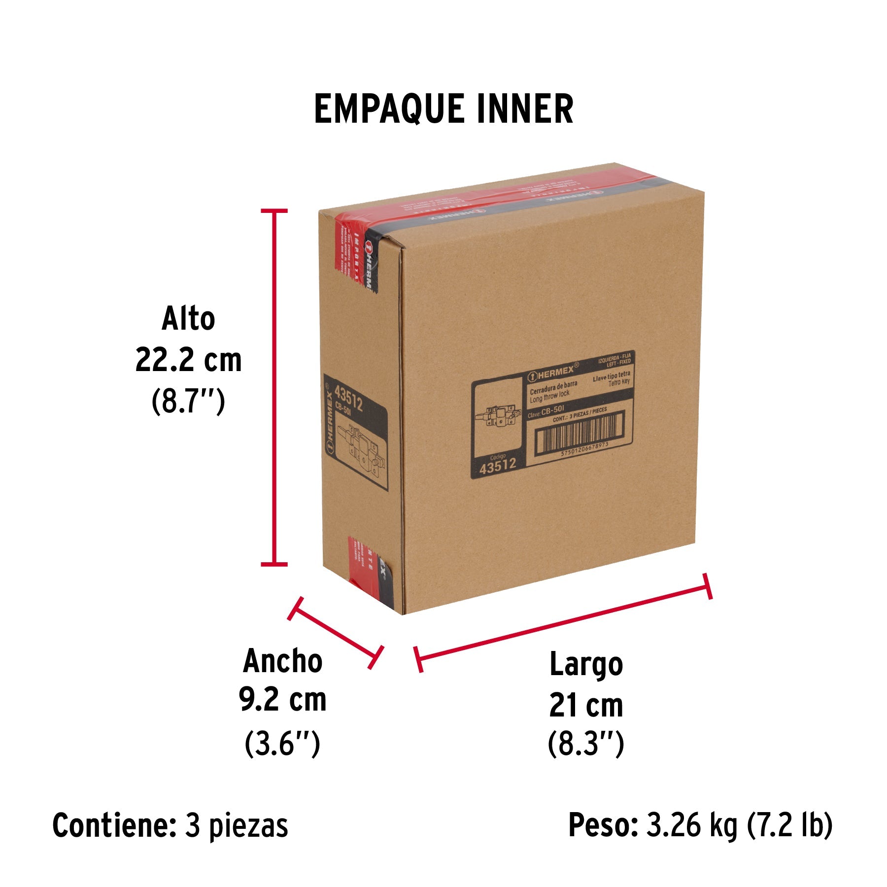 Cerradura de barra fija, llave tetra, izquierda, HERMEX - Empaque