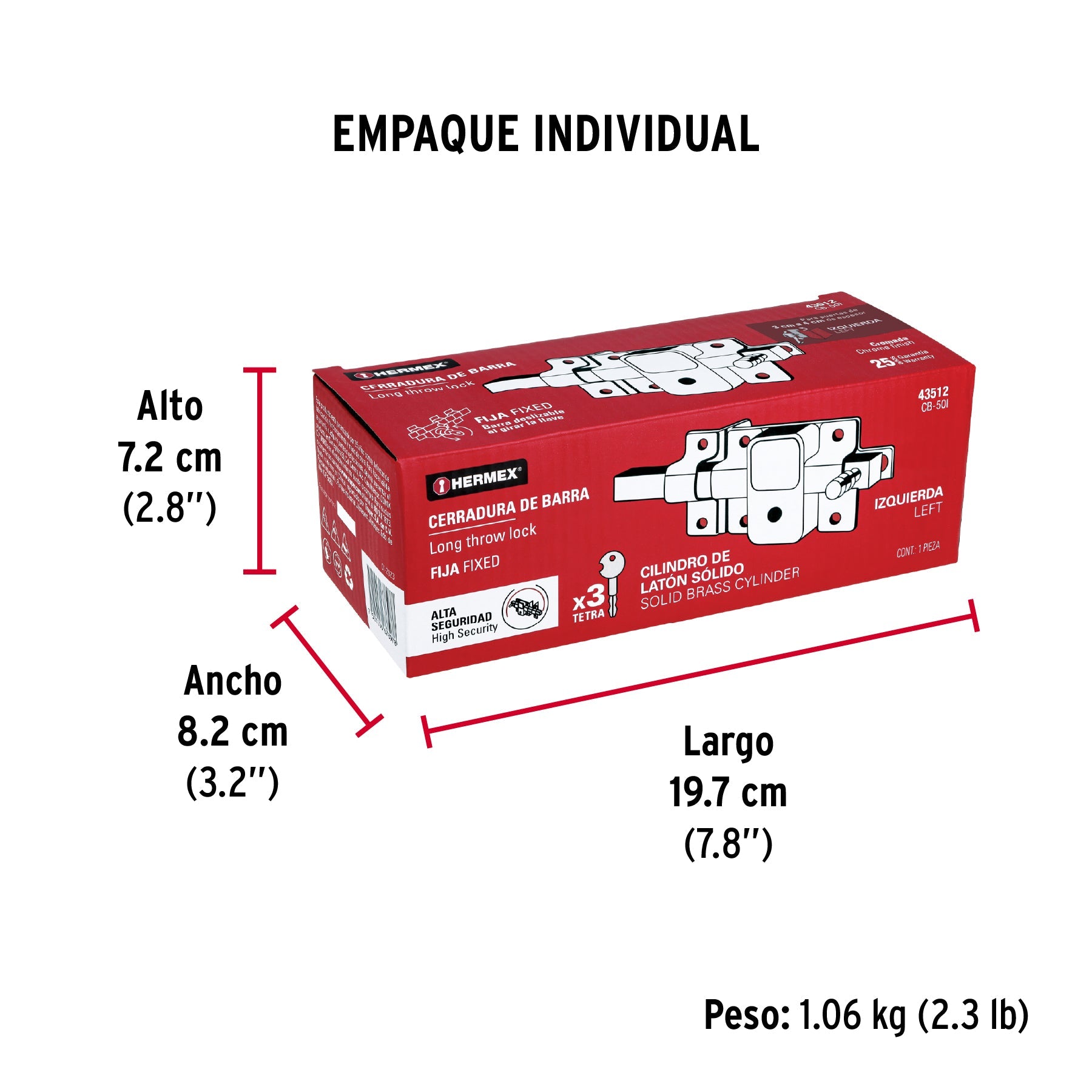 Cerradura de barra fija, llave tetra, izquierda, HERMEX - Empaque