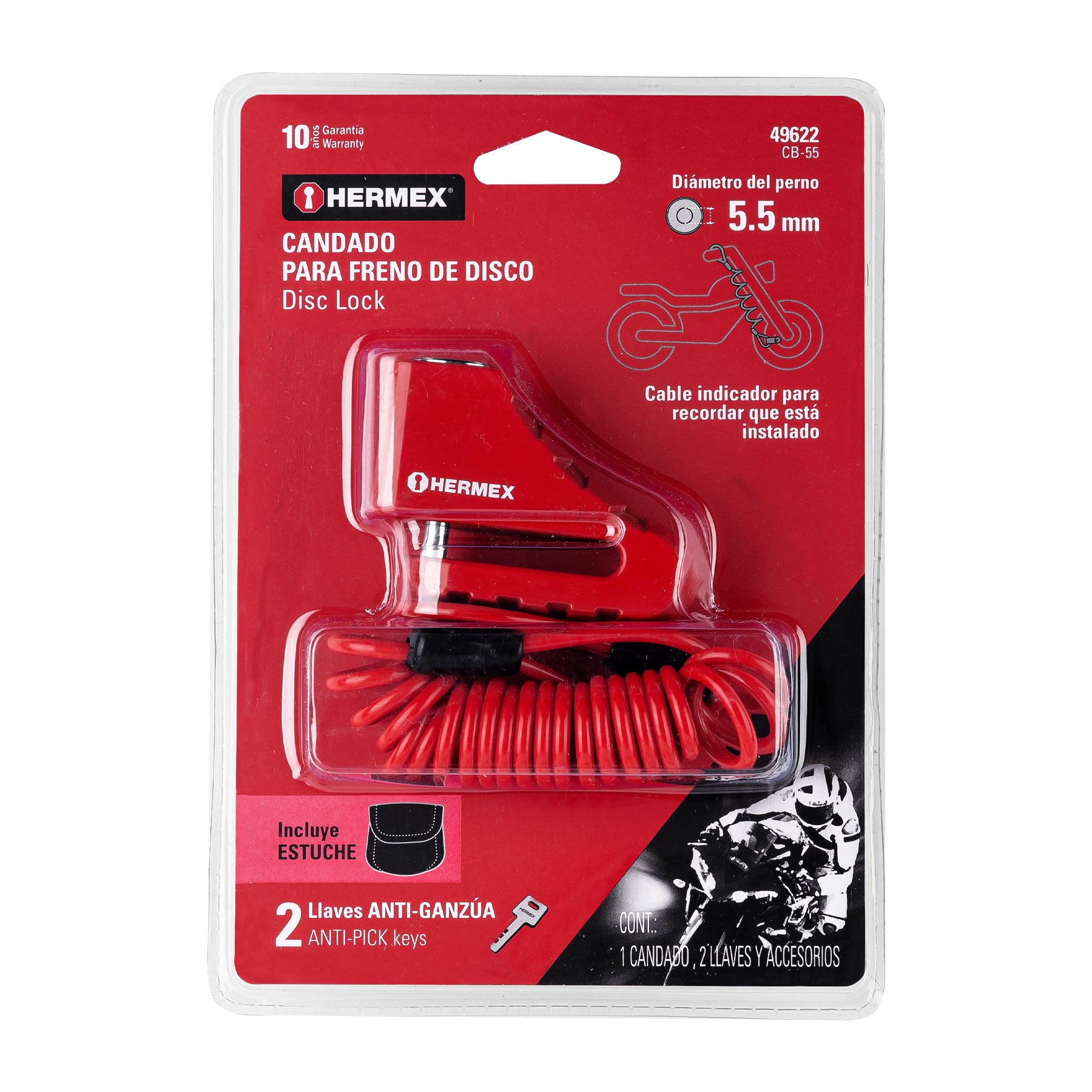 Candado freno de disco motocicleta, 5.5 mm, llave de disco