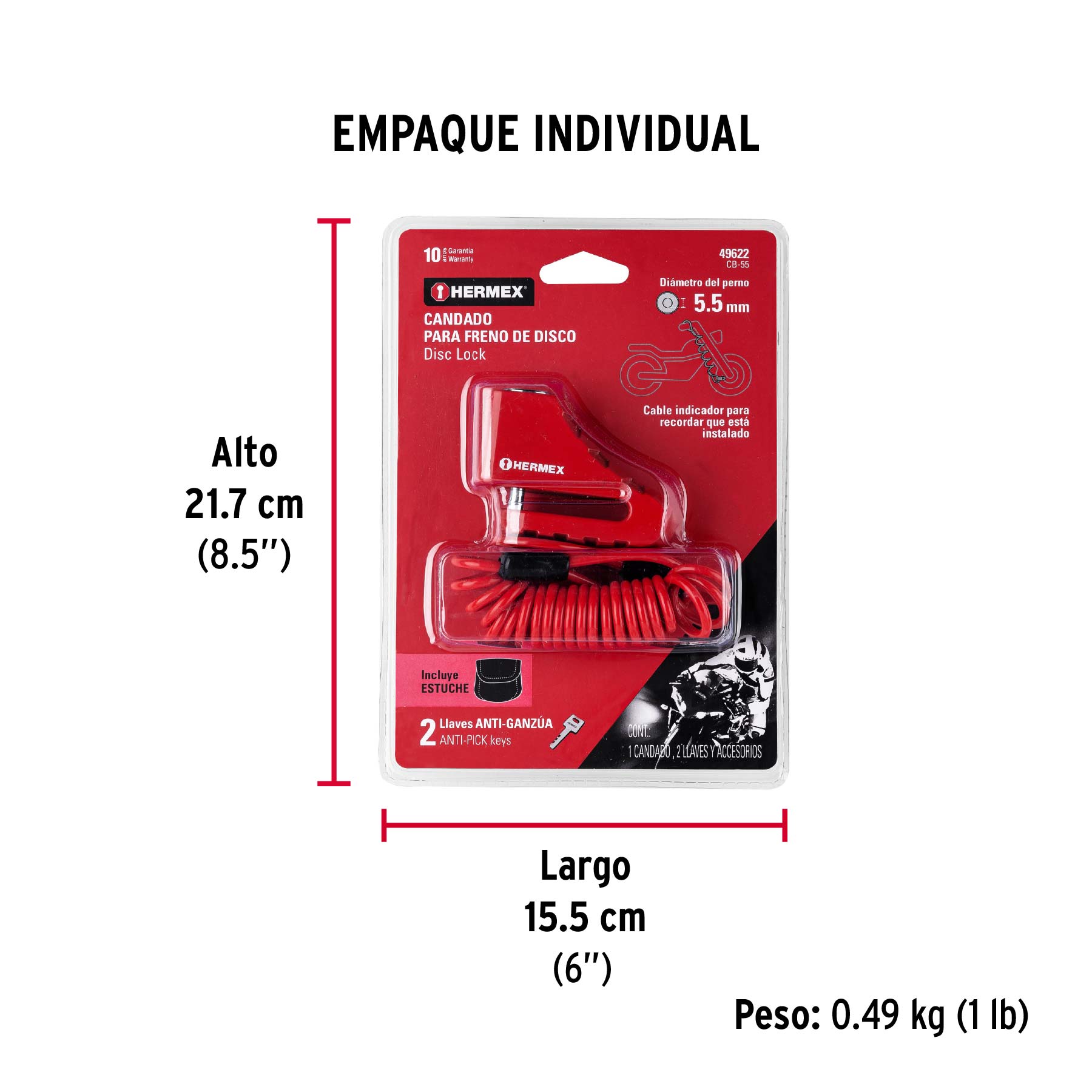 Candado freno de disco motocicleta, 5.5 mm, llave de disco - Empaque