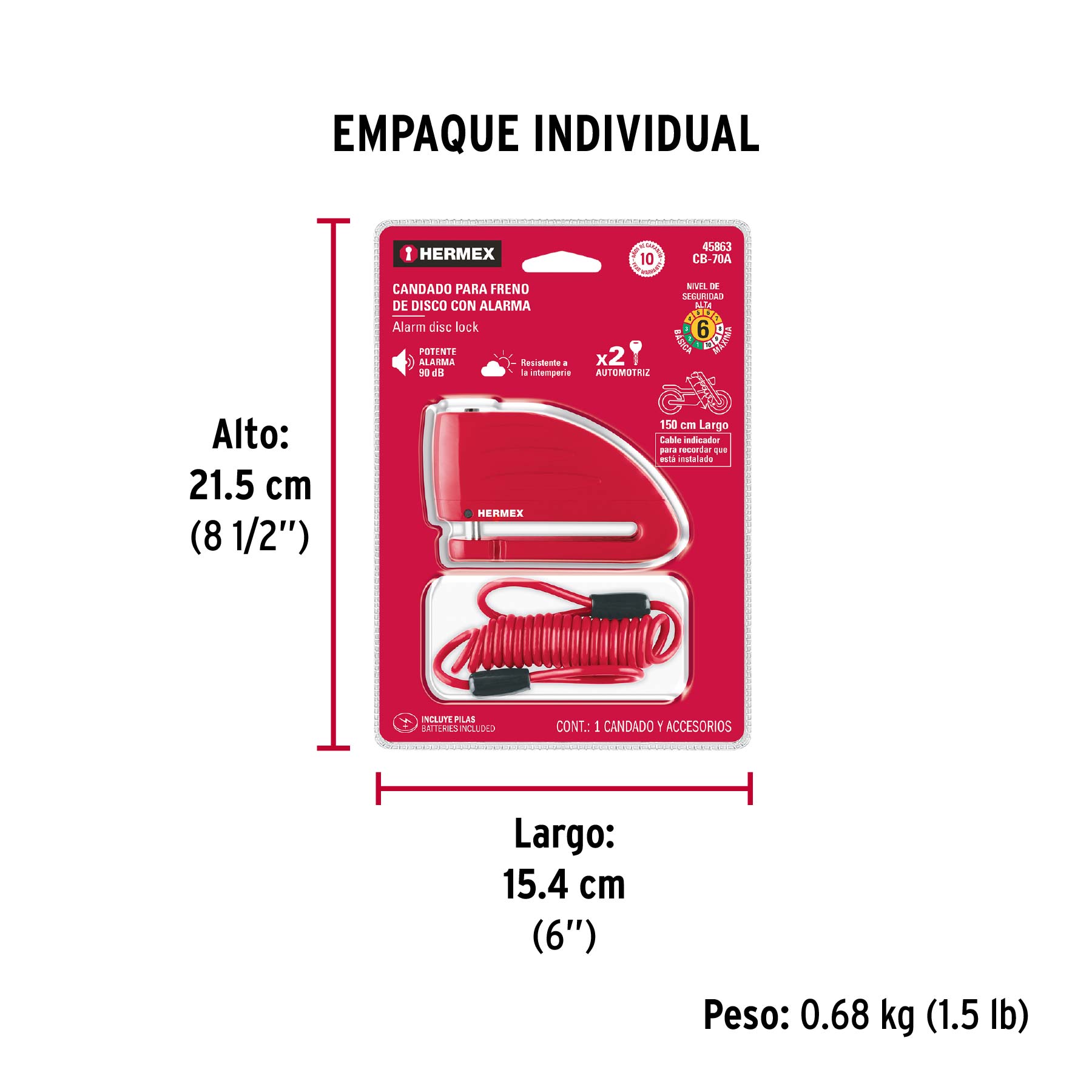 Candado para disco de motocicleta, perno de 7 mm, c/alarma - Empaque