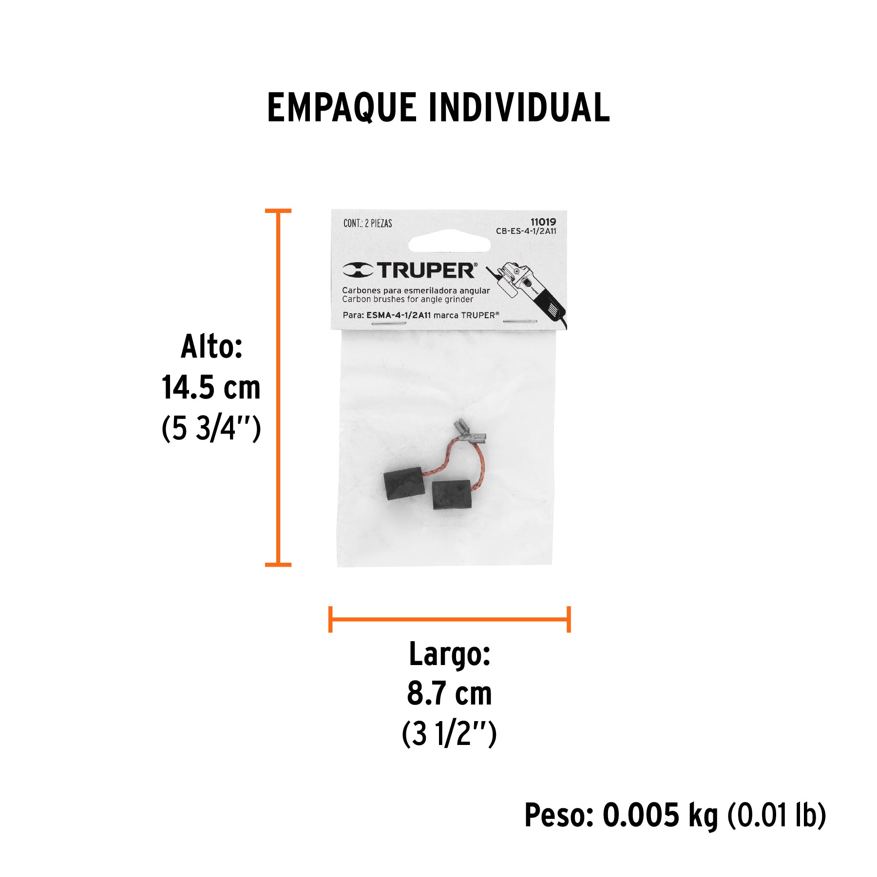 Bolsa con 2 carbones de repuesto para ESMA-4-1/2A11, TRUPER - Empaque