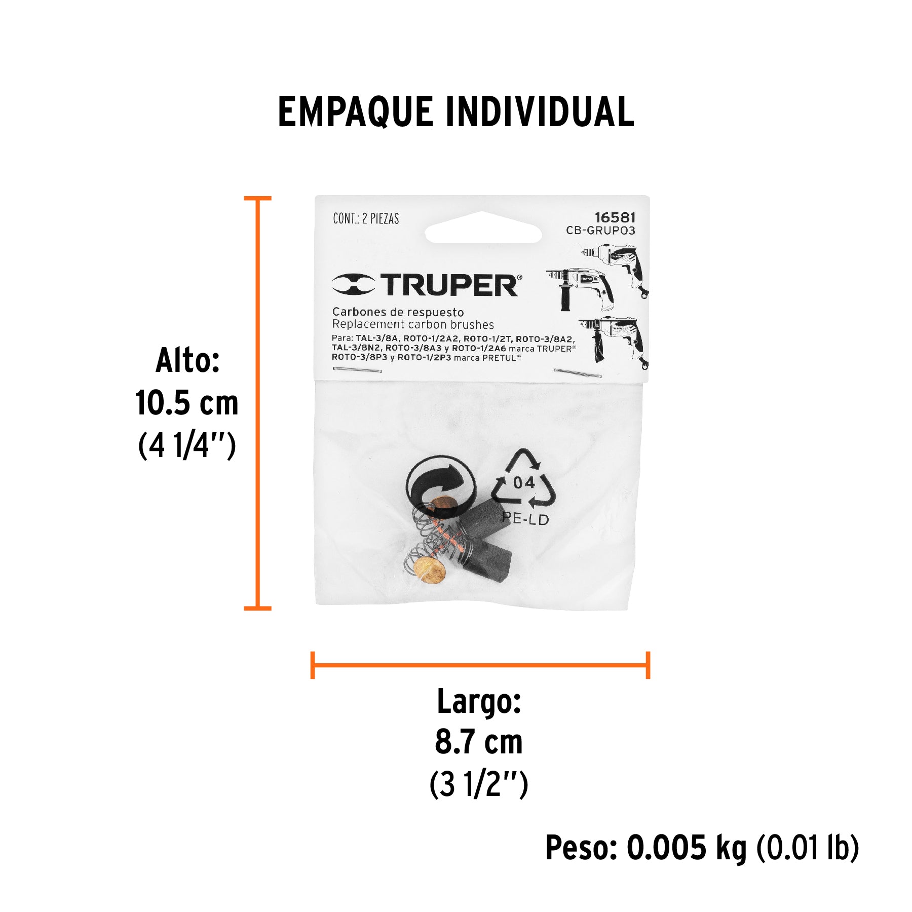 Bolsa con 2 carbones p/rotomartillos y taladro Grupo3,TRUPER - Empaque