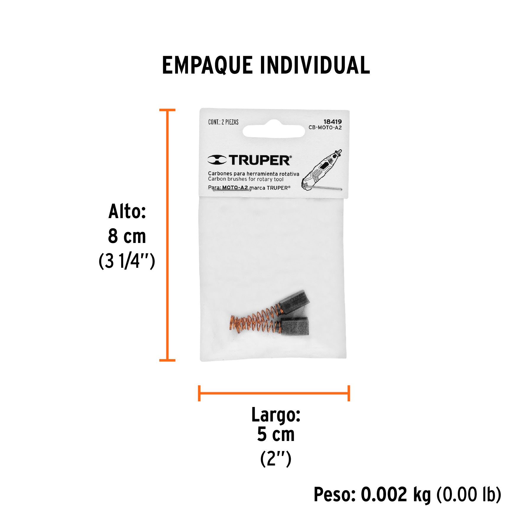 Bolsa con 2 carbones de repuesto para MOTO-A2, TRUPER - Empaque