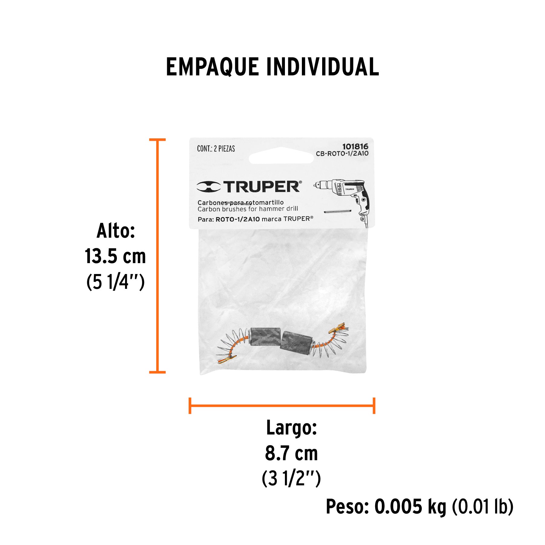 Bolsa con 2 carbones de repuesto para ROTO-1/2A10, TRUPER - Empaque