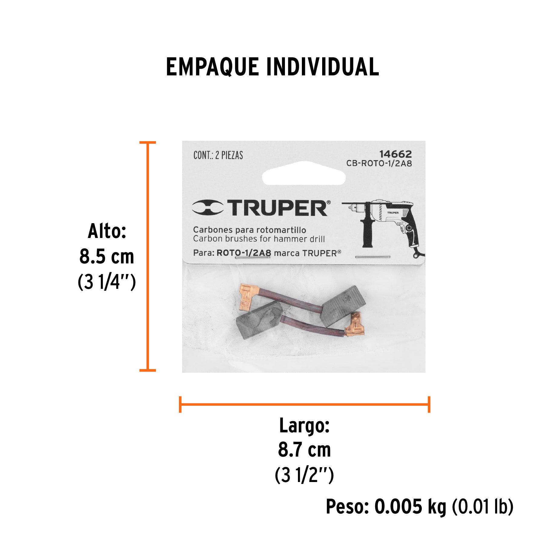 Bolsa con 2 carbones de repuesto para ROTO-1/2A8, TRUPER - Empaque