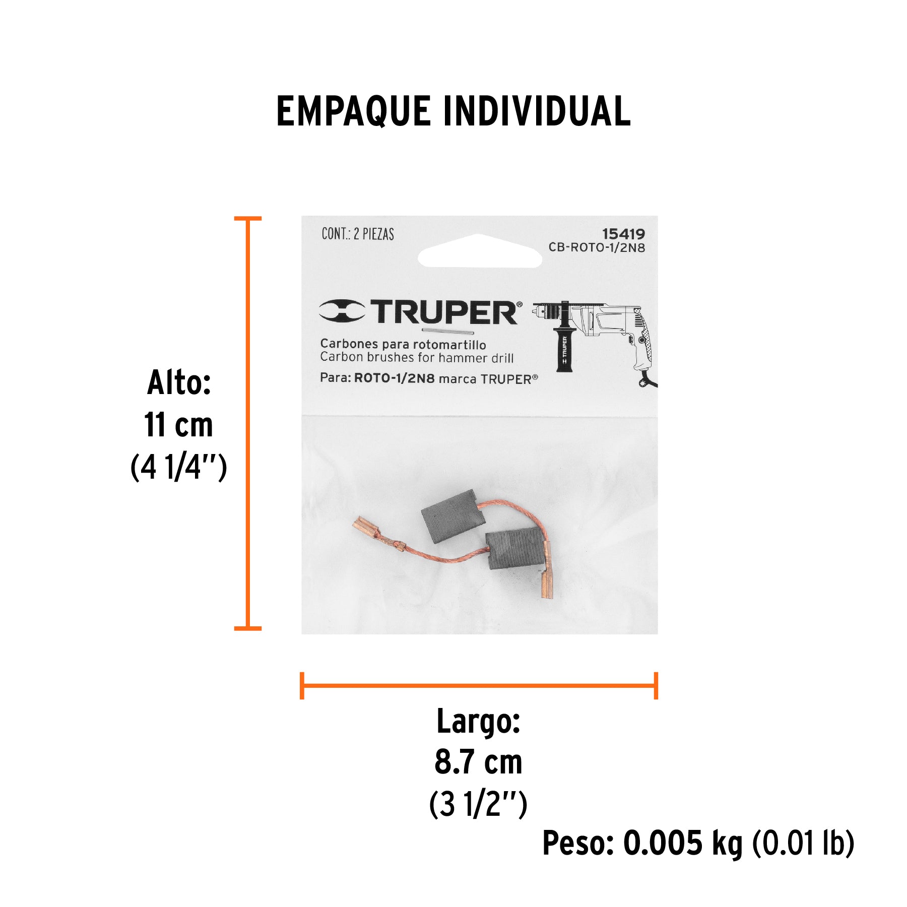 Bolsa con 2 carbones de repuesto para ROTO-1/2N8, TRUPER - Empaque