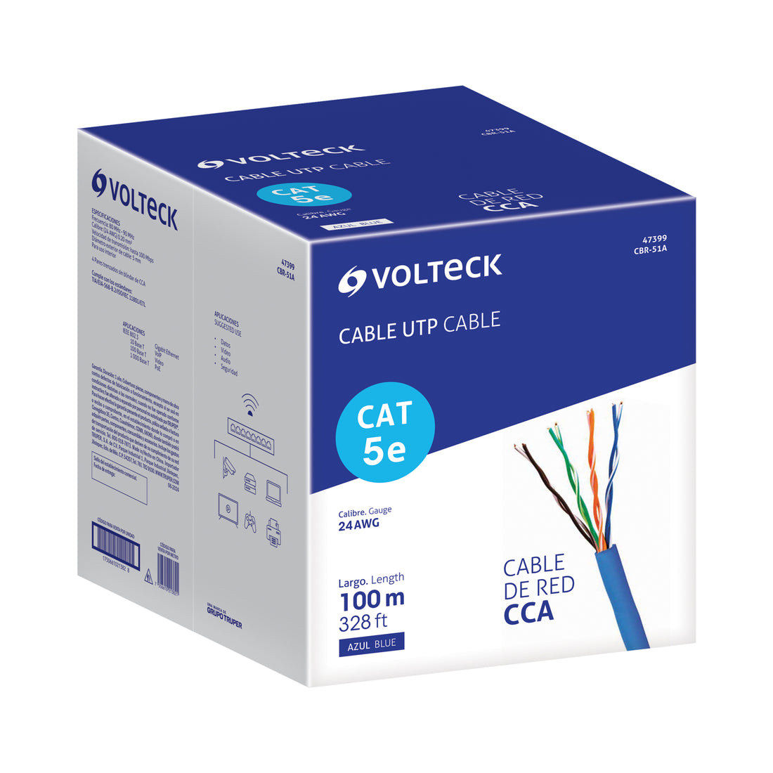 Metro de cable UTP CAT5E, Bobina de 100m, azul, VOLTECK