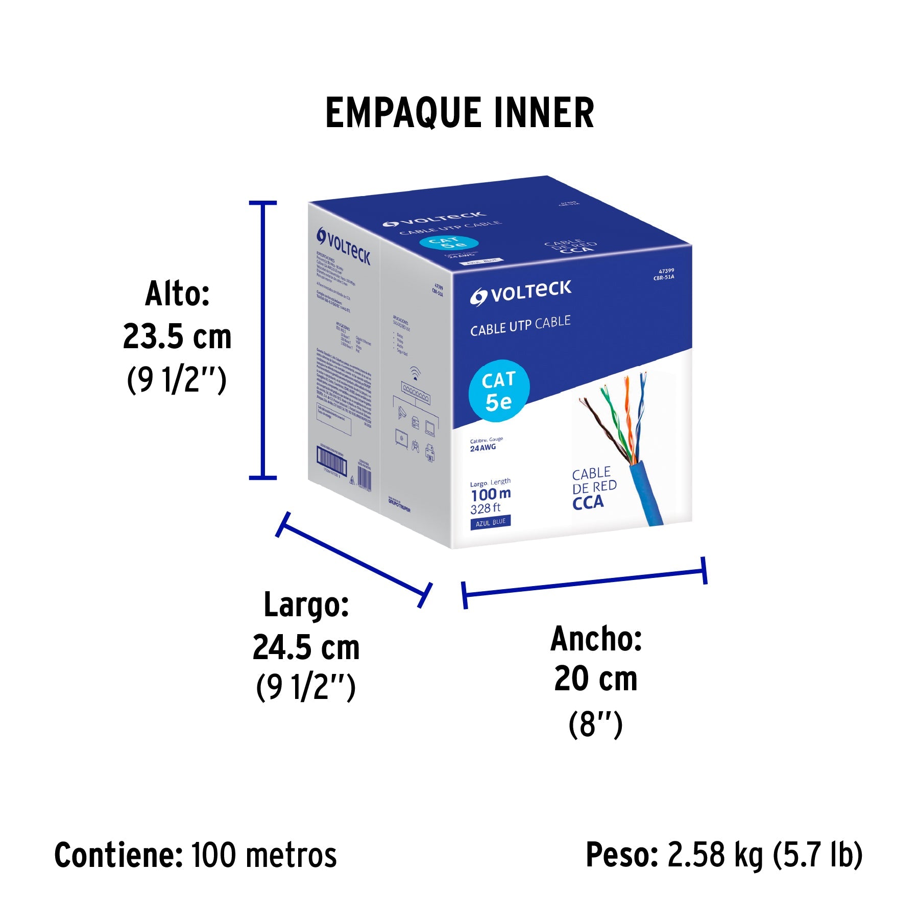 Metro de cable UTP CAT5E, Bobina de 100m, azul, VOLTECK - Empaque