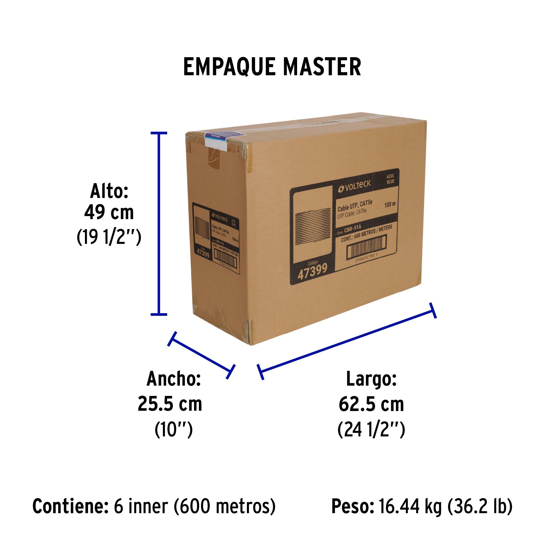 Metro de cable UTP CAT5E, Bobina de 100m, azul, VOLTECK - Empaque