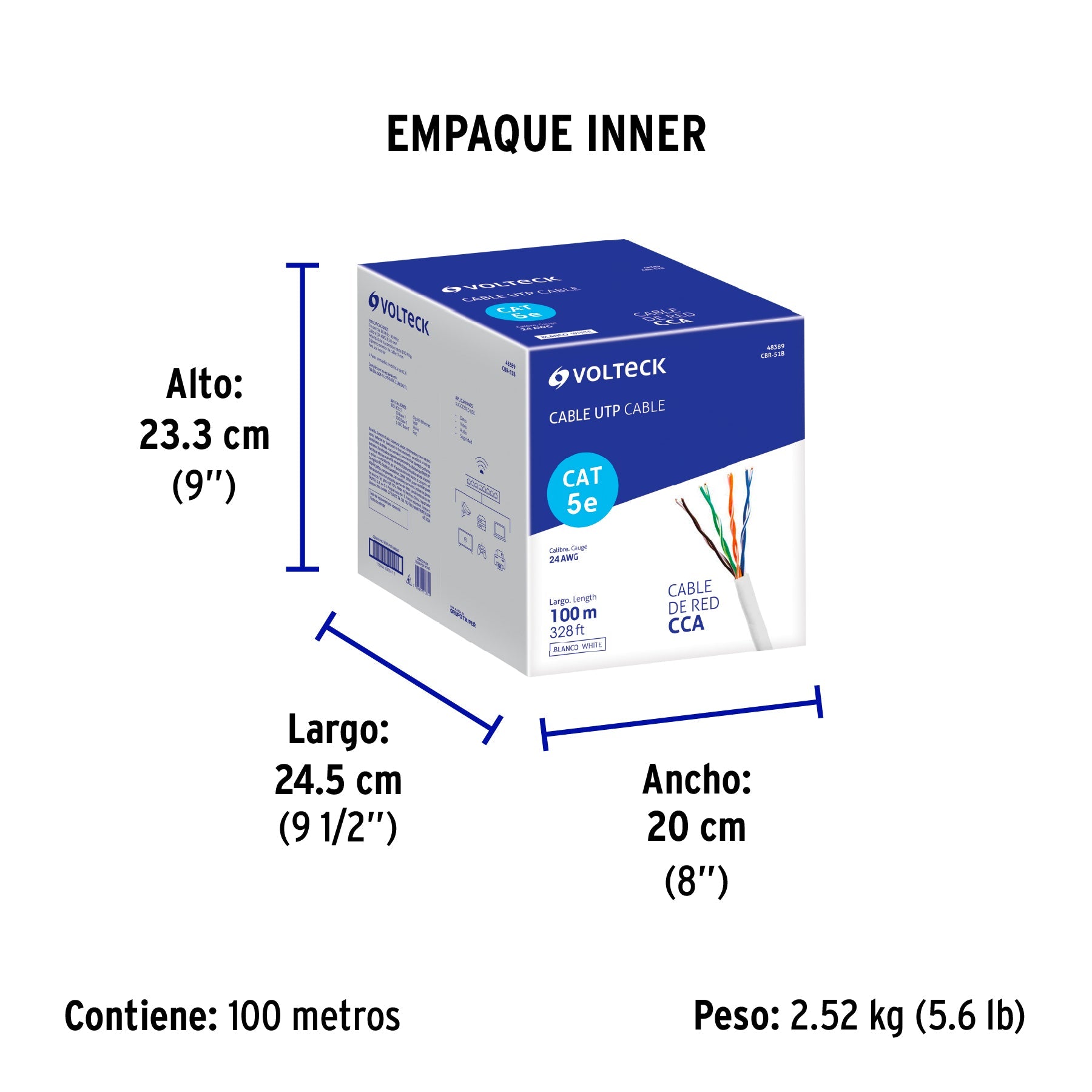 Metro de cable UTP CAT5E, Bobina de 100m, blanco, VOLTECK - Empaque