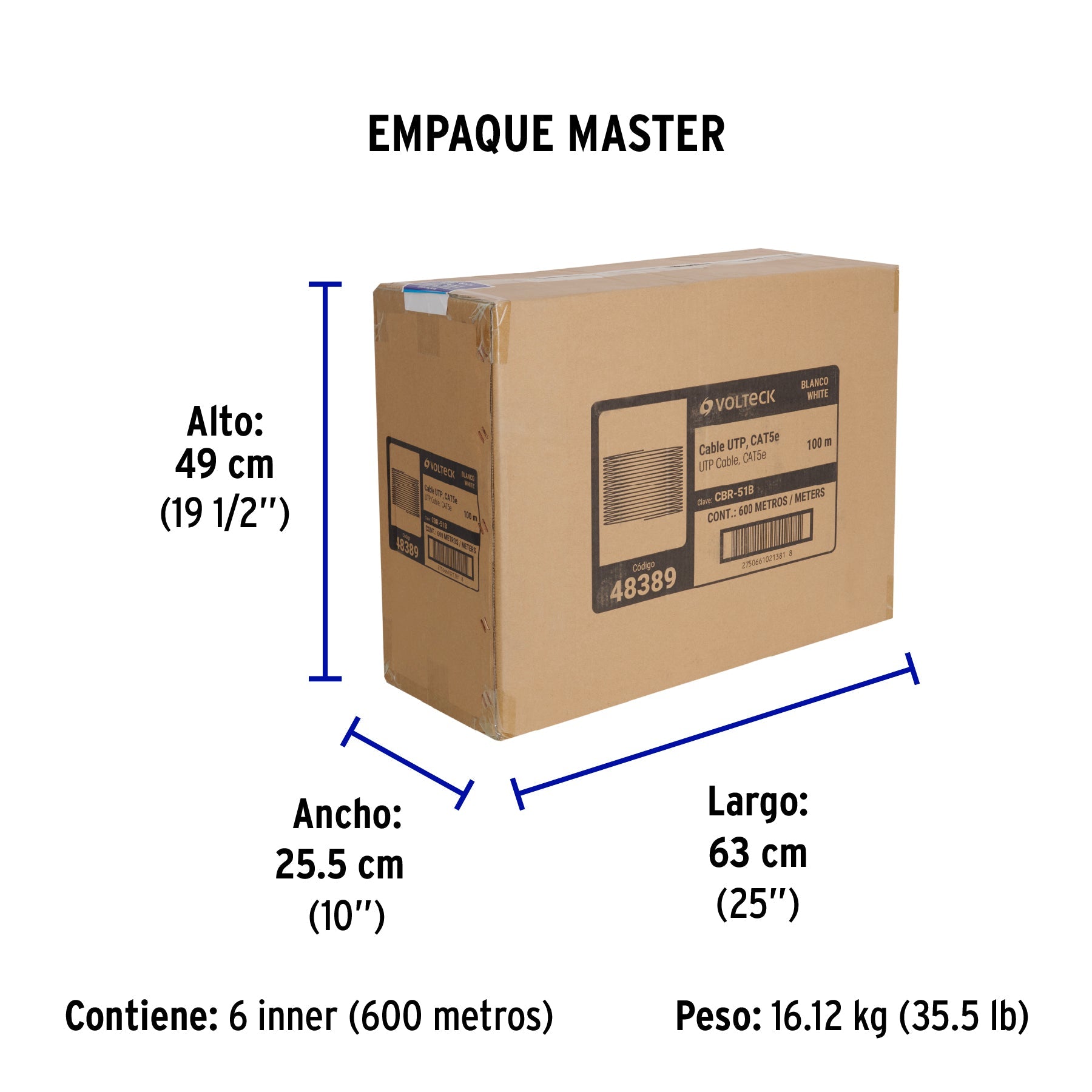 Metro de cable UTP CAT5E, Bobina de 100m, blanco, VOLTECK - Empaque