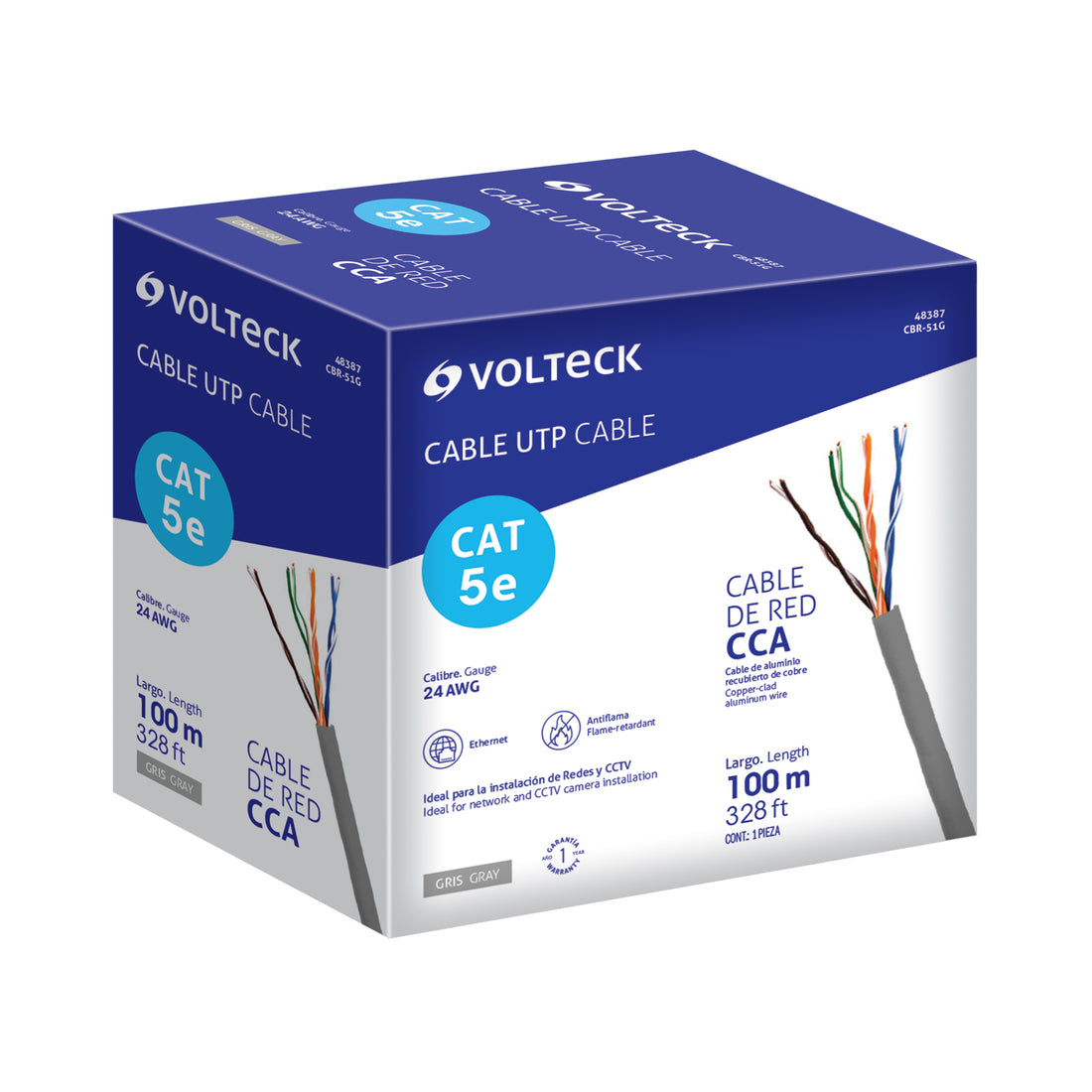 Metro de cable UTP CAT5E, Bobina de 100m, gris, VOLTECK