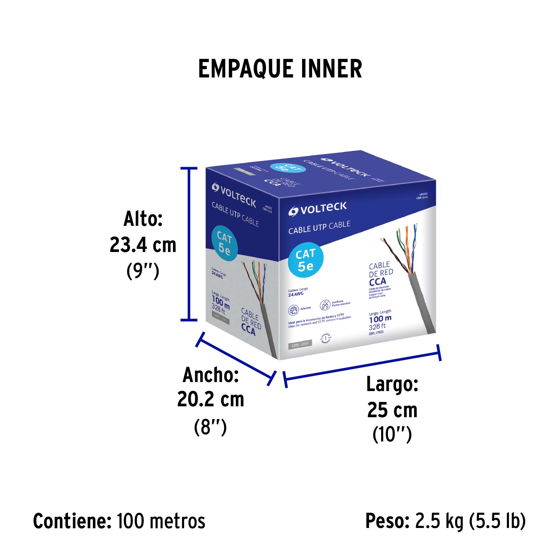 Metro de cable UTP CAT5E, Bobina de 100m, gris, VOLTECK - Empaque