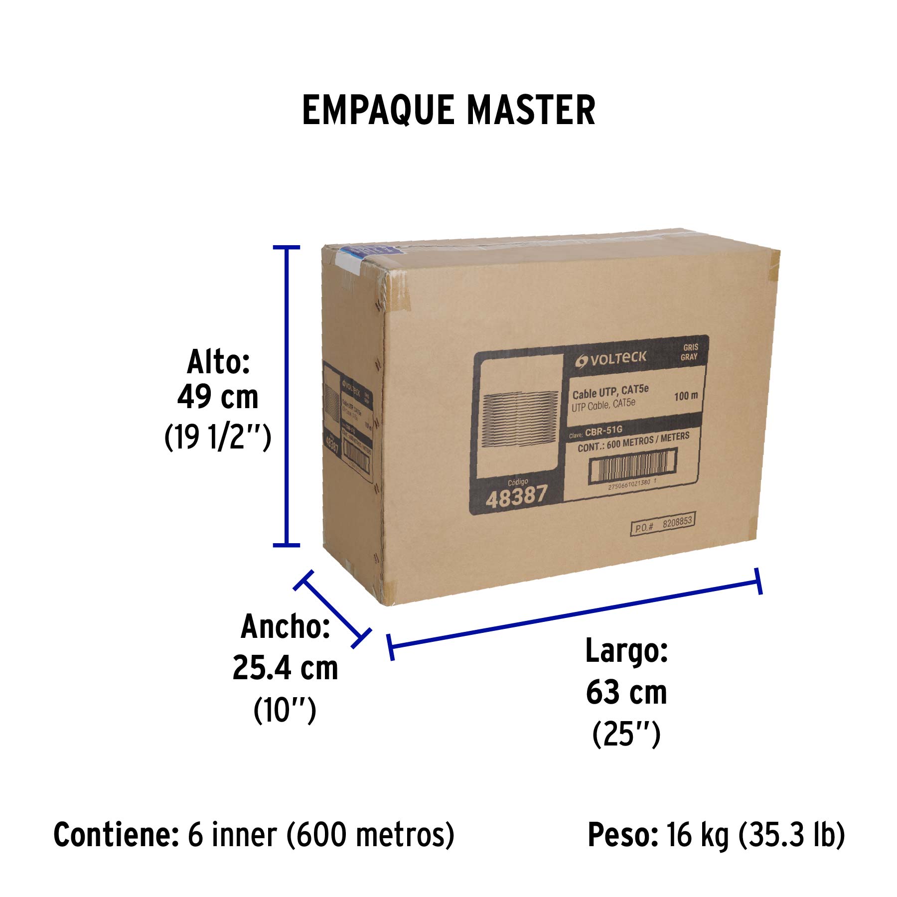 Metro de cable UTP CAT5E, Bobina de 100m, gris, VOLTECK - Empaque