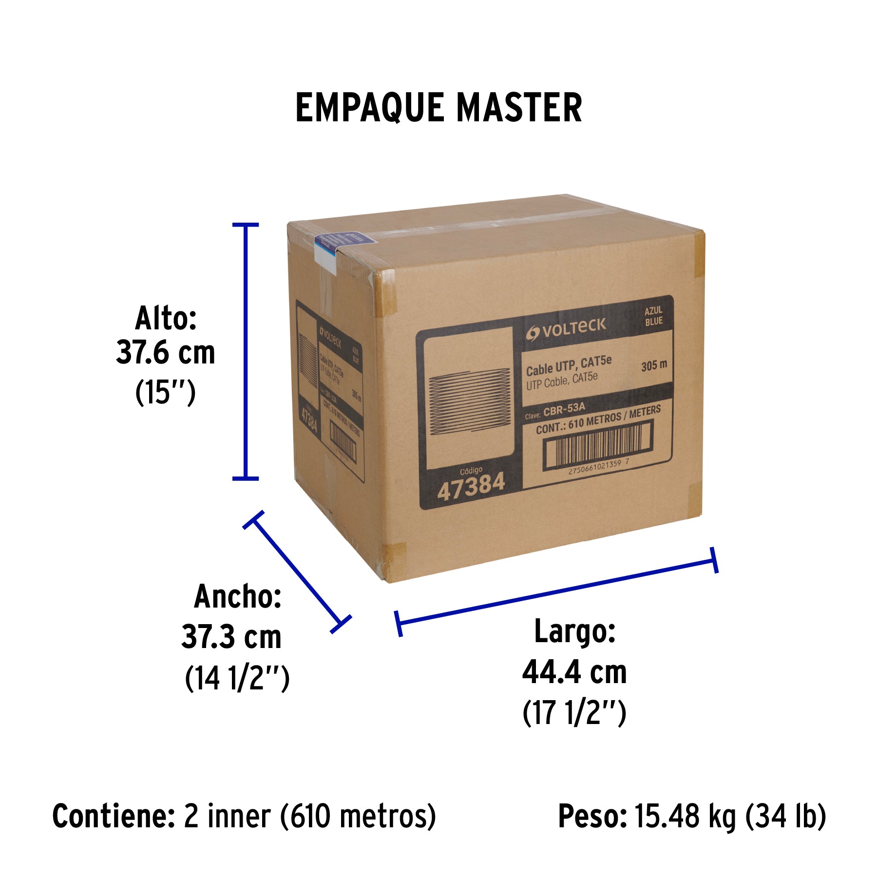 Metro de cable UTP CAT5E, Bobina de 305m, azul, VOLTECK - Empaque