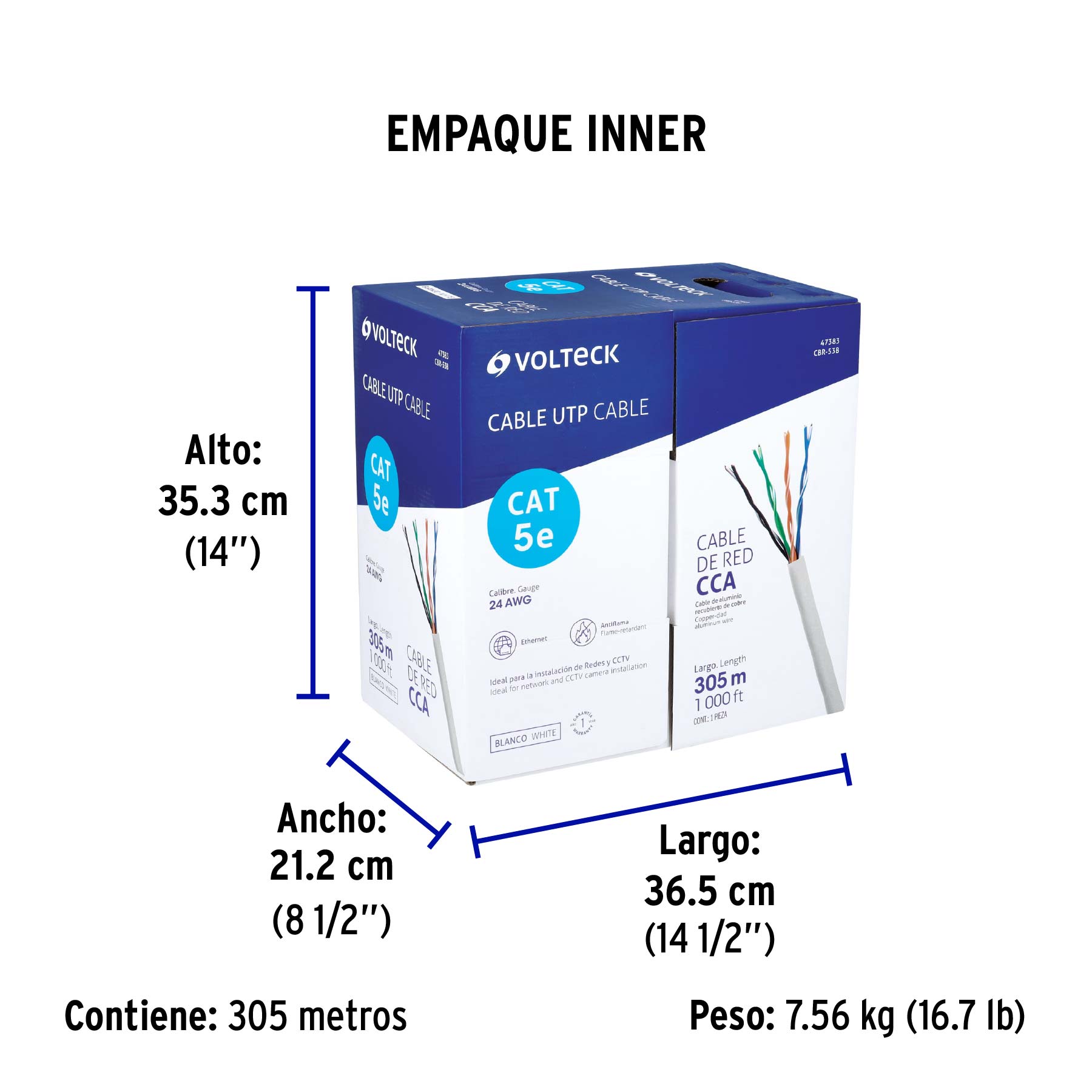 Metro de cable UTP CAT5E, Bobina de 305m, blanco, VOLTECK - Empaque