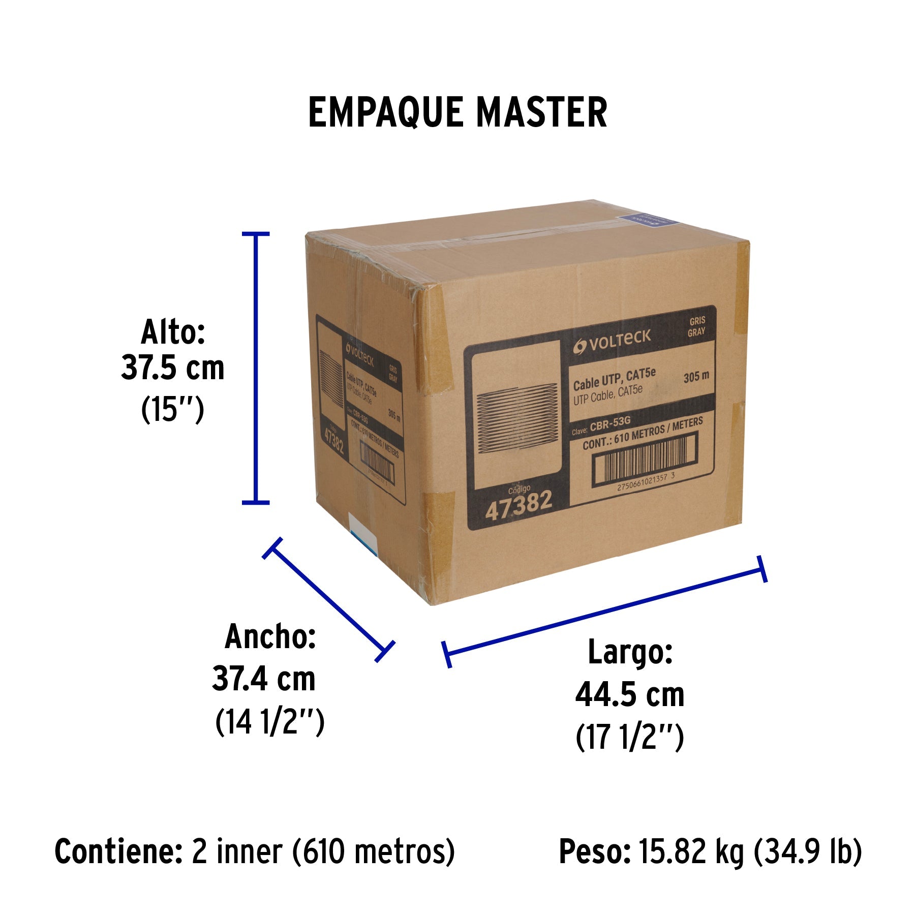 Metro de cable UTP CAT5E, Bobina de 305m, gris, VOLTECK - Empaque